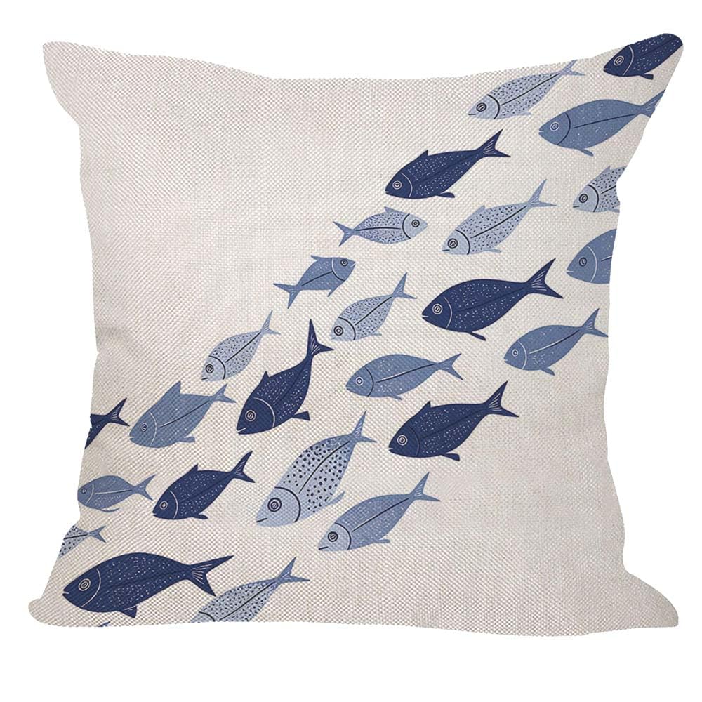 Orythyra Blue Fish Cushion Cover 45x45cm Diagonal Fish in a Monochromatic Blue Palette Cotton Linen Pillow Cover Decorative Throw Pillows Farmhouse Decor for Home Cushion Case 18x18 Inch
