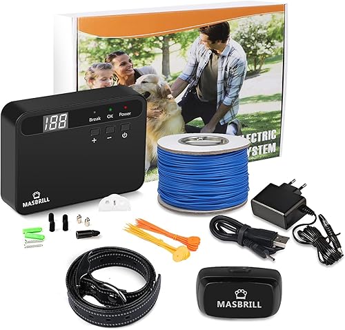 MASBRILL Valla eléctrica para perros, sistema de cercas subterráneas para perros, valla eléctrica de contención de mascotas en el suelo con collar