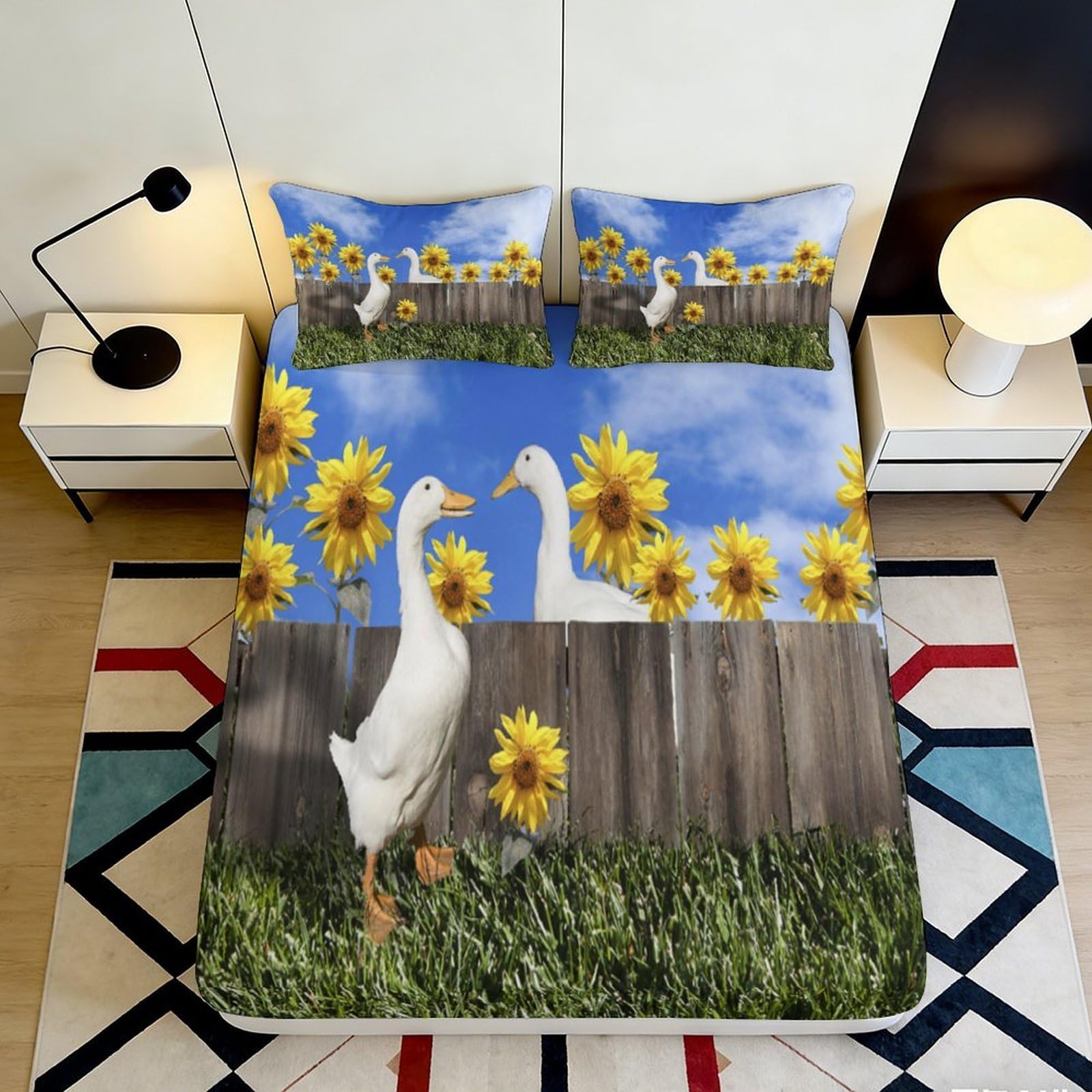3D Printed Sunflower Goose Fitted Sheet Microfiber Elastic Hem Bedroom Bedding Deep Pocket Sunflower Mattress Fitted Cover 120x200x25cm