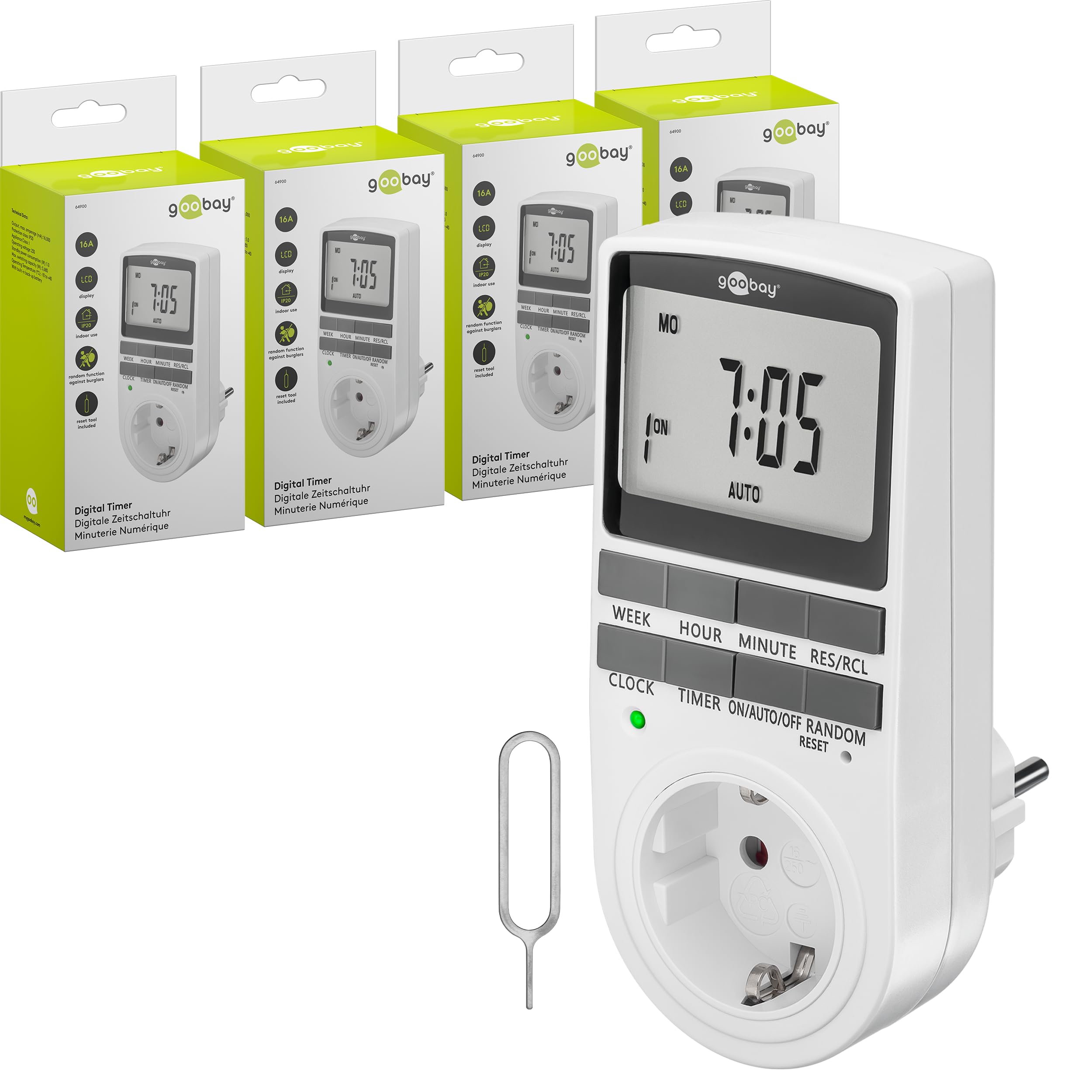 goobay - Set di 4 timer digitale con 16 programmi – Timer con modalità casuale per protezione anti-intrusione – Presa timer inclusa 100 giorni batteria back-up – 3680 W – 230 V (AC) – 16 A – 74217