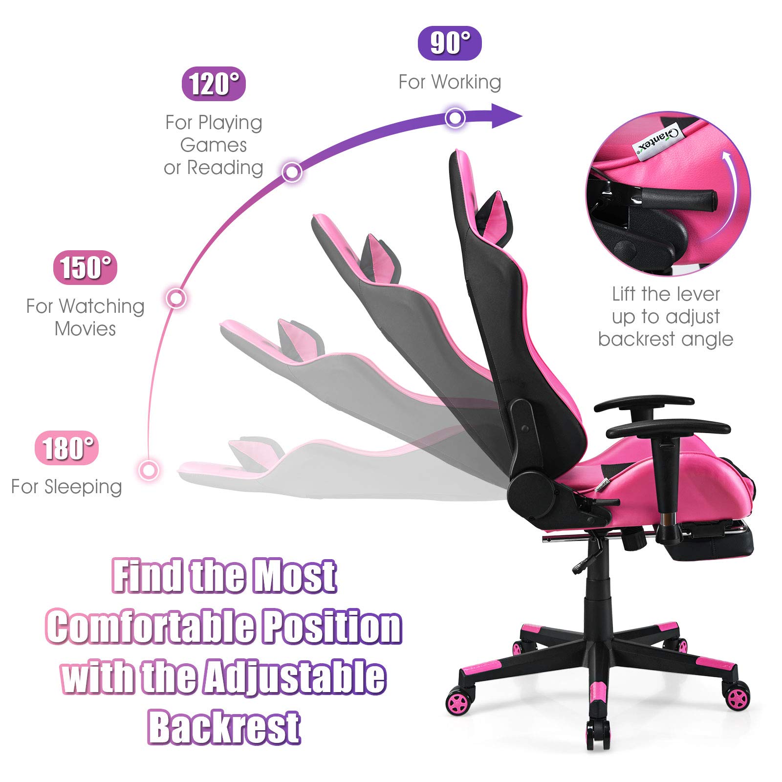 Giantex Massage Gaming Chair Pink Ergonomic Video Game Chair with Footrest High Back E-Sport Computer Chair with Headrest & Massager Lumbar Support PU Leather Gaming Seat product thumbnail 7
