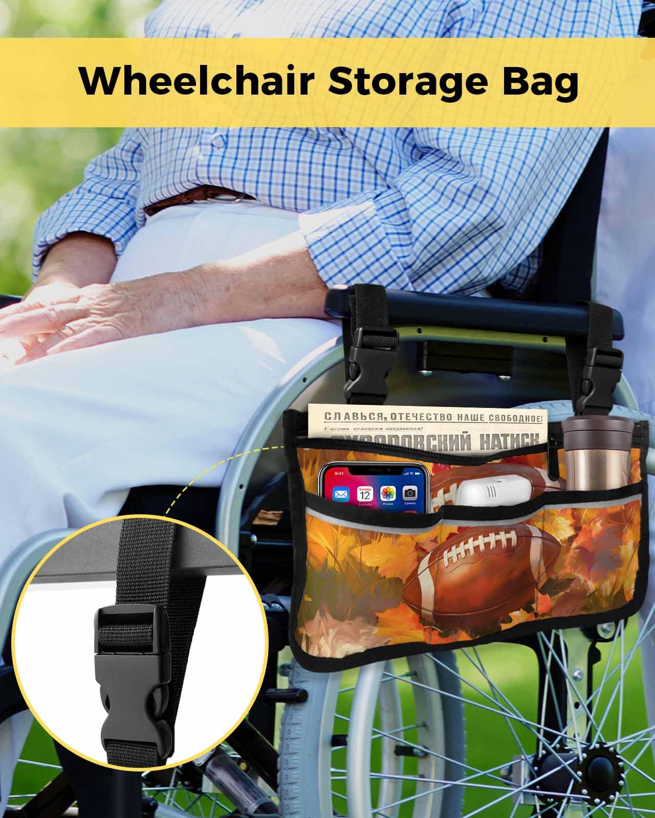 Anzona Fall Rugby Wheelchair Side Bag Walker Bag, Farmhouse Autumn Maple Leaves Wheelchair Accessories Armrest Pouch, Organizer Storage Bag for Walkers, Rollators, Scooters, 7.3''x13''