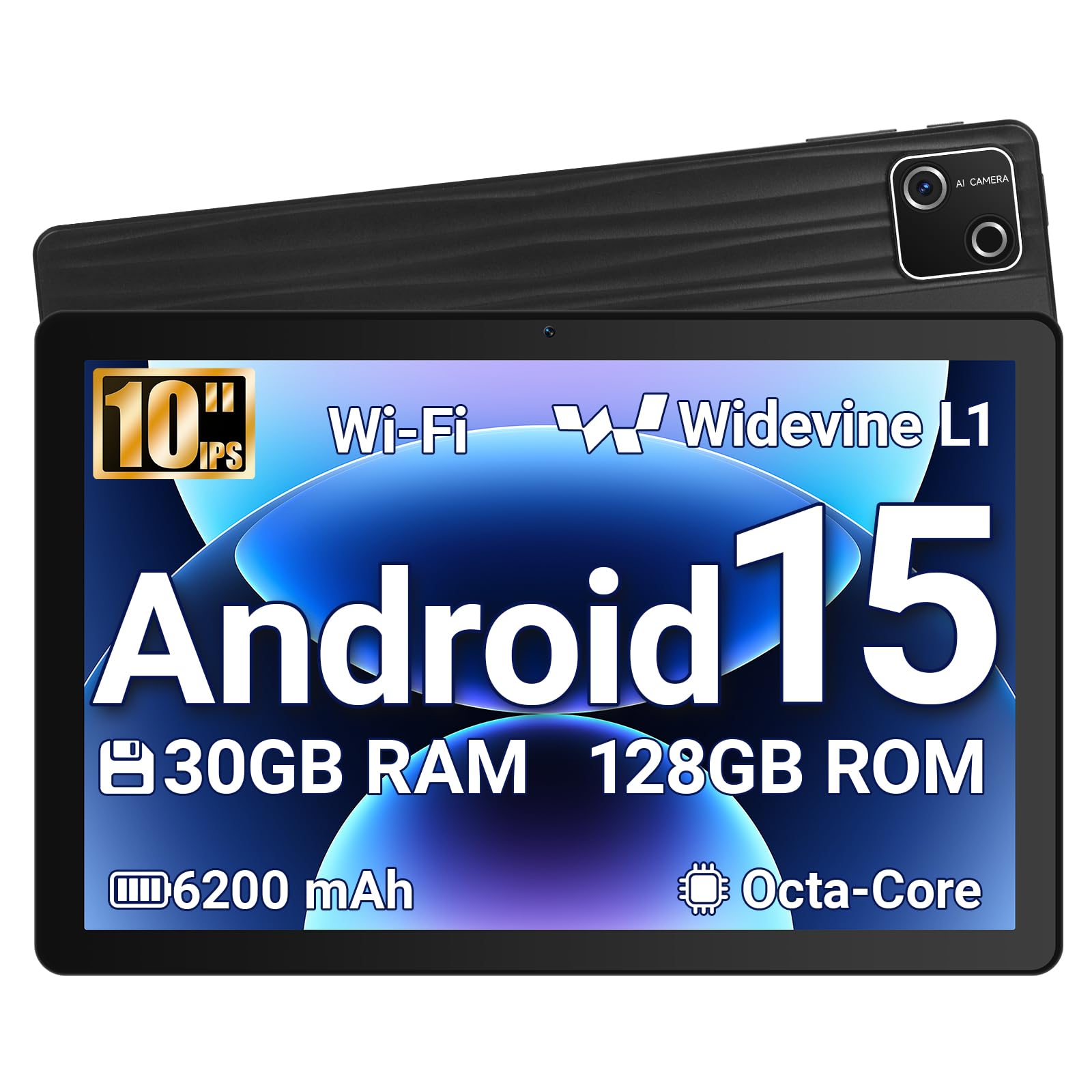 Vekoy Tablet 10 Pollici Android 15 Certificato GMS, 30GB RAM + 128GB ROM (2TB TF), Octa-Core, 6200mAh, 1280x800 HD, WiFi 6, BT 5.3, Widevine L1, Fotocamera 5MP+8MP, Tablet PC, Nero – 2026 - 2