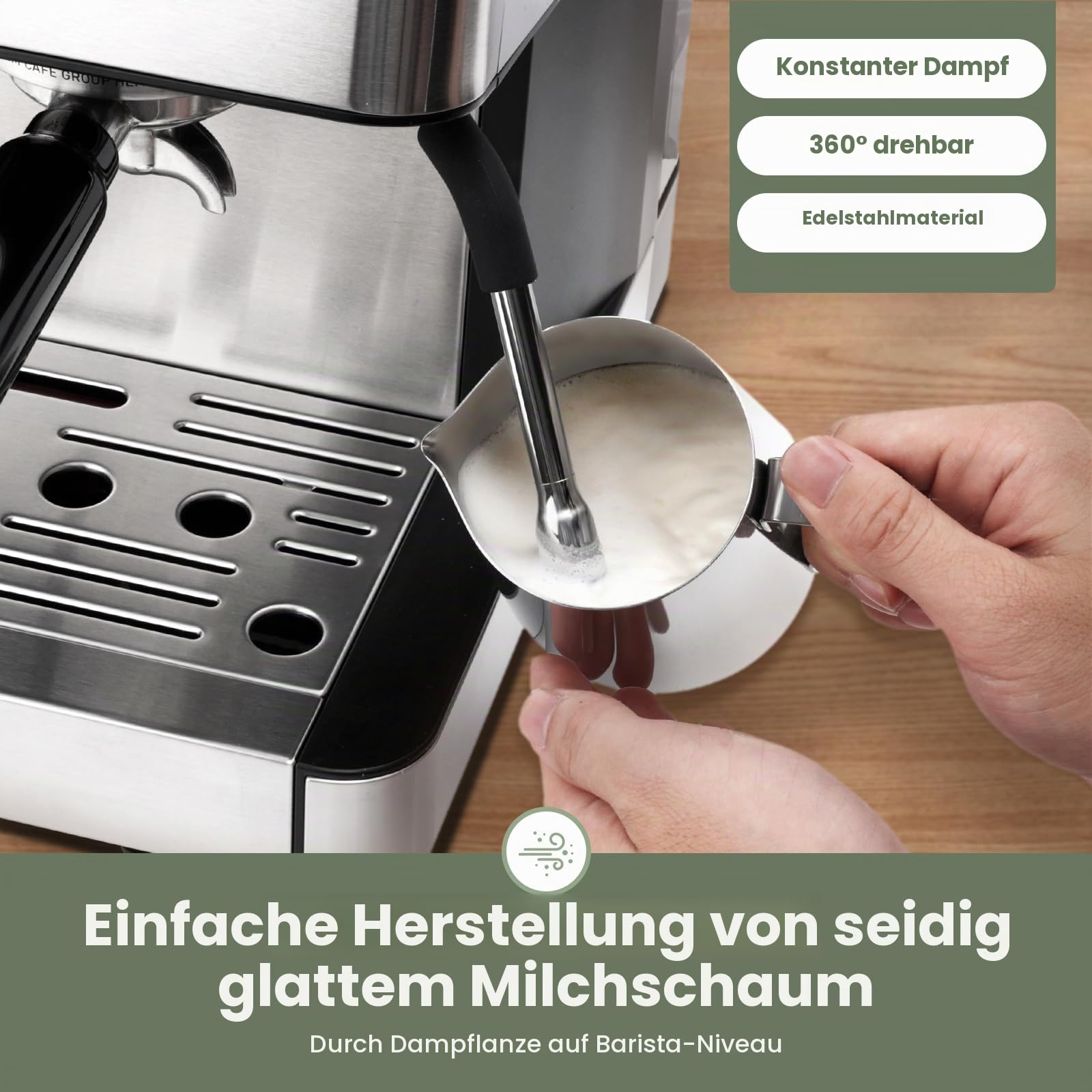 Gevi Espressomaschine 20 Bar mit integriertem Kegelmahlwerk und Milchschaumdüse, kompakte Kaffeemaschine für Hausgebrauch mit abnehmbarem Wassertank, für Cappuccino, Latte, Espresso und Americano