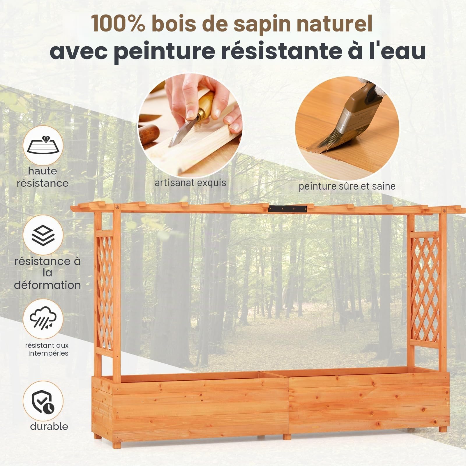 FANTASK Jardinière surélevée avec Treillis et Toit Suspendu, bac à Plantes avec tuteur, bac à Fleurs pour Plantes grimpantes et paniers Suspendus, Orange (200 x 44 x 114 cm)