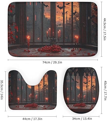 Miniatura 3 de Juego de 4 cortinas de ducha con velas de murciélago de Halloween, 4 cortinas de ducha de fantasía gótica oscura para baño con alfombras, cubierta