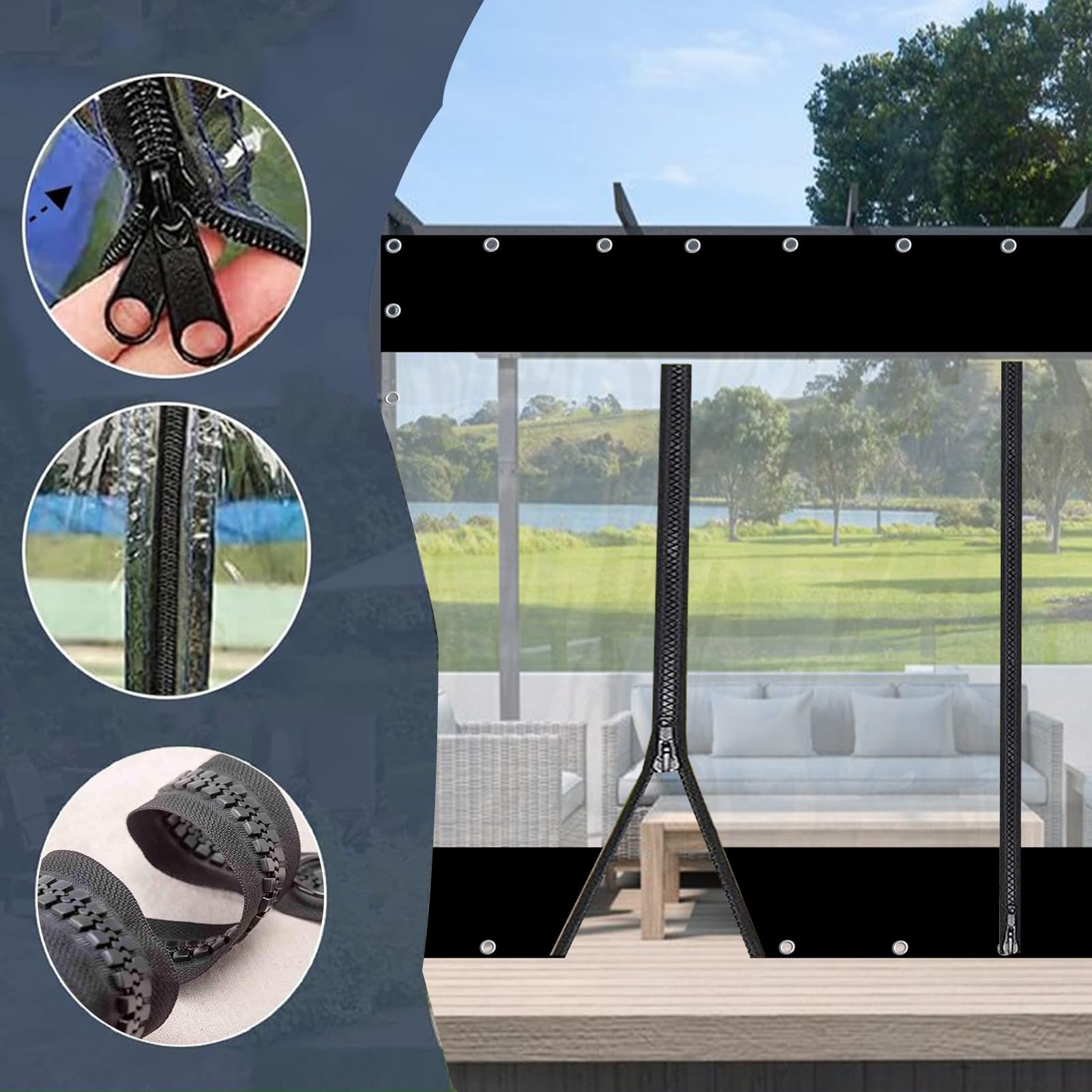 Cortinas de lona transparente impermeables negras resistentes con puerta con cremallera para pérgola, porche y cenador al aire libre, 4,5 x 2 m