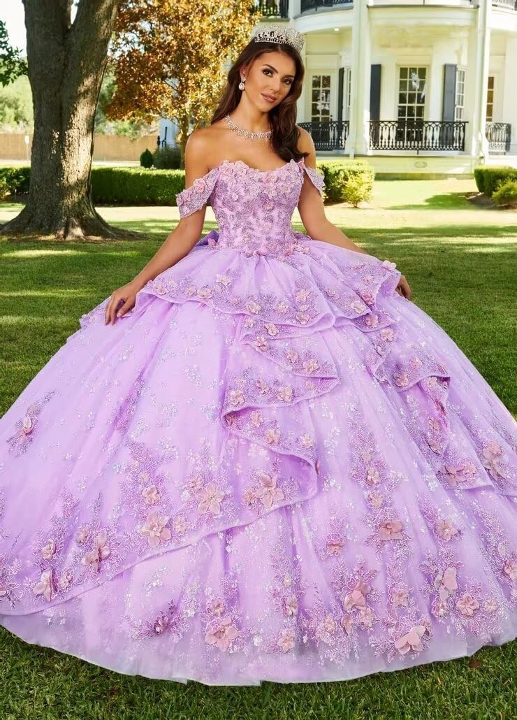 Vestidos de quinceañera de Princesa con Capas Flores 3D Encaje con Cuentas Vestidos de Fiesta con Volantes y Cuentas Vestidos de Fiesta para Dulces 16 MT037