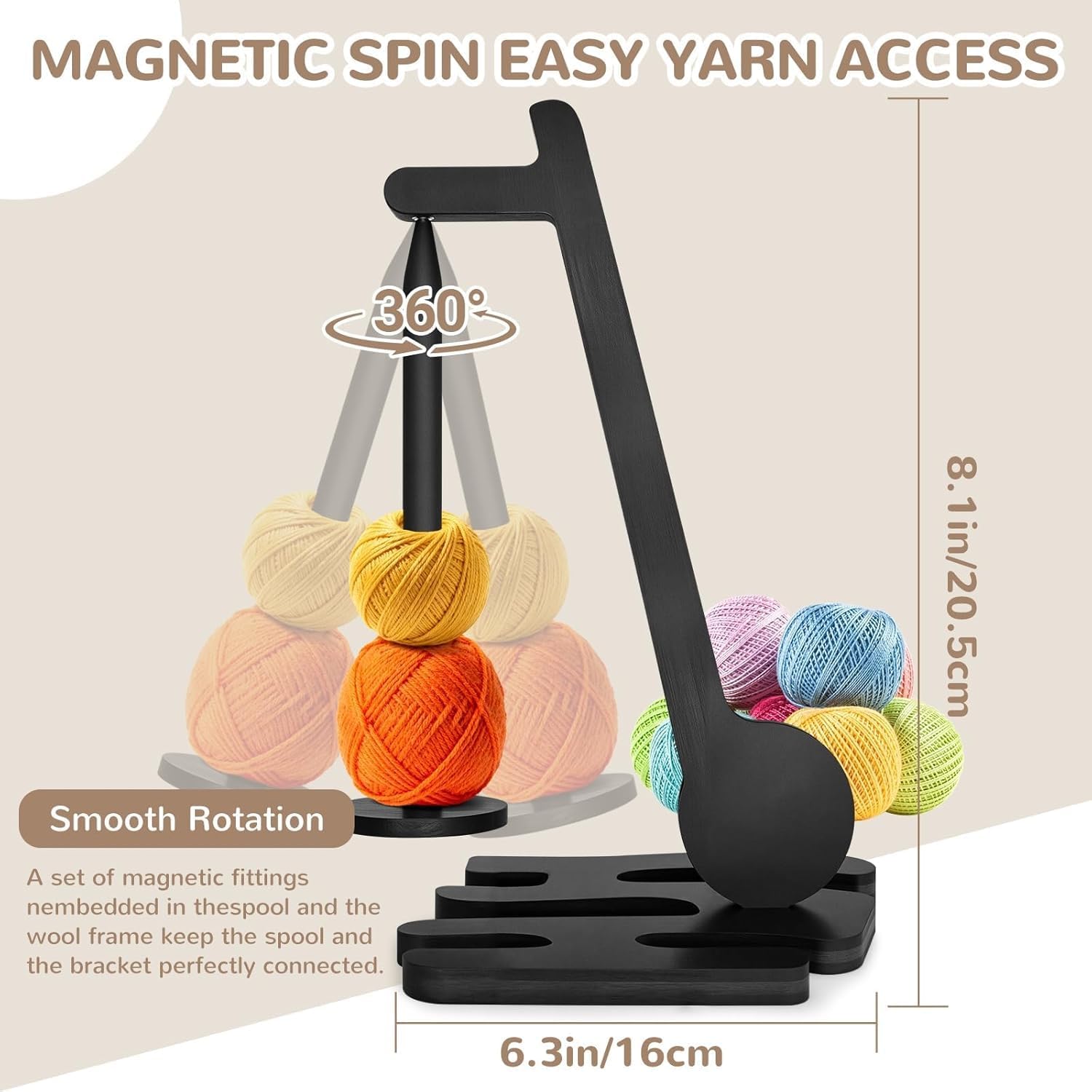 Eatbuy Yarn Holder for Crocheting and Knitting, Wooden Magnetic Yarn Spinner with Smooth Rotating Stand, Universal Yarn Dispenser for All Yarn Types, Unique Gift for Crochet Lovers (Black)