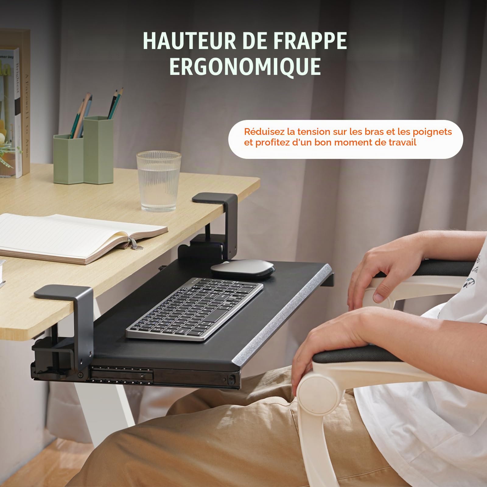 VEVOR Support Clavier 68x28 cm Plateau pour Clavier et Souris Coulissant sous Bureau Charge Max 5 kg Tablette Coulissante Clavier Fixation Facile avec Pinces en C Sans Perçage pour PC Bureau Domicile