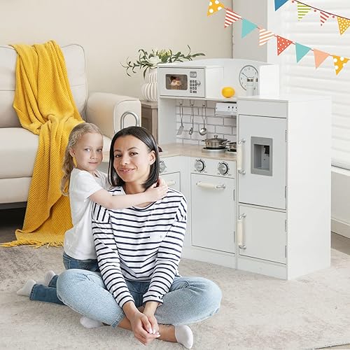 Miniatura 8 de HONEY JOY Juego de cocina esquinera para niños, cocina de madera para niños pequeños, dispensador de agua, microondas, campana extractora,