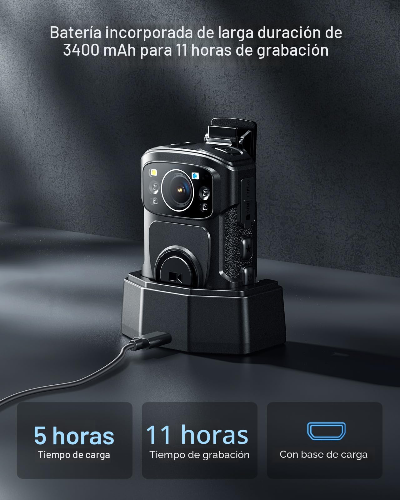 BOBLOV B4K5 Cámara Corporal 128G 4K, 3400 mAh, IP68, Impermeable, GPS, para policía, grabación de Video de 11 Horas, Base de Carga, visión Nocturna para Personal, Guardias Civiles (128GB)