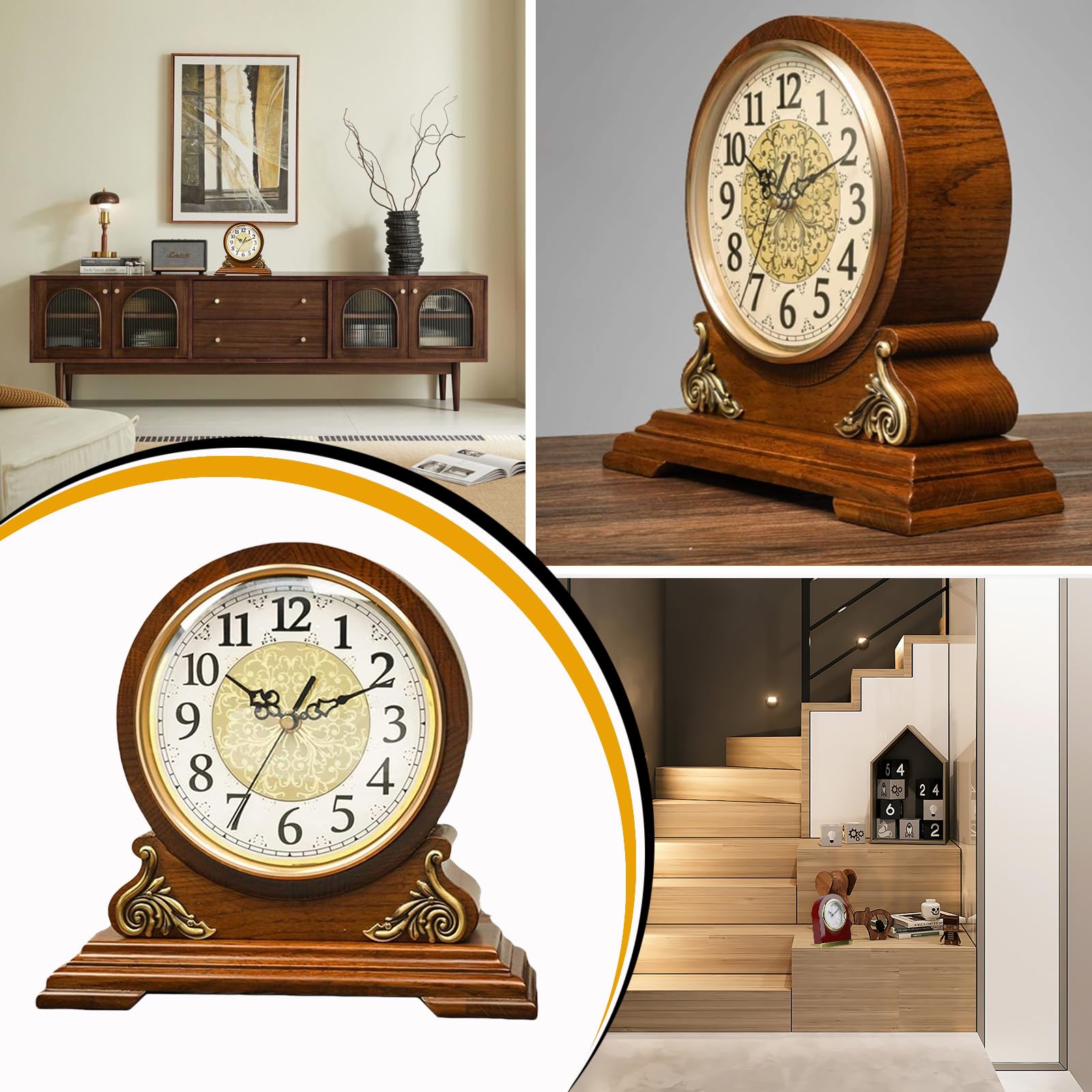 BINGOHM Mantel Clock Silent Decorative Wood Mantle Clock,Antique Mantel Clock,Oak Shelf Clocks Wooden Shelf Clock Decorative Shelf Clock Battery Operated Table Clock HD Glass Table Clock Easy to Read