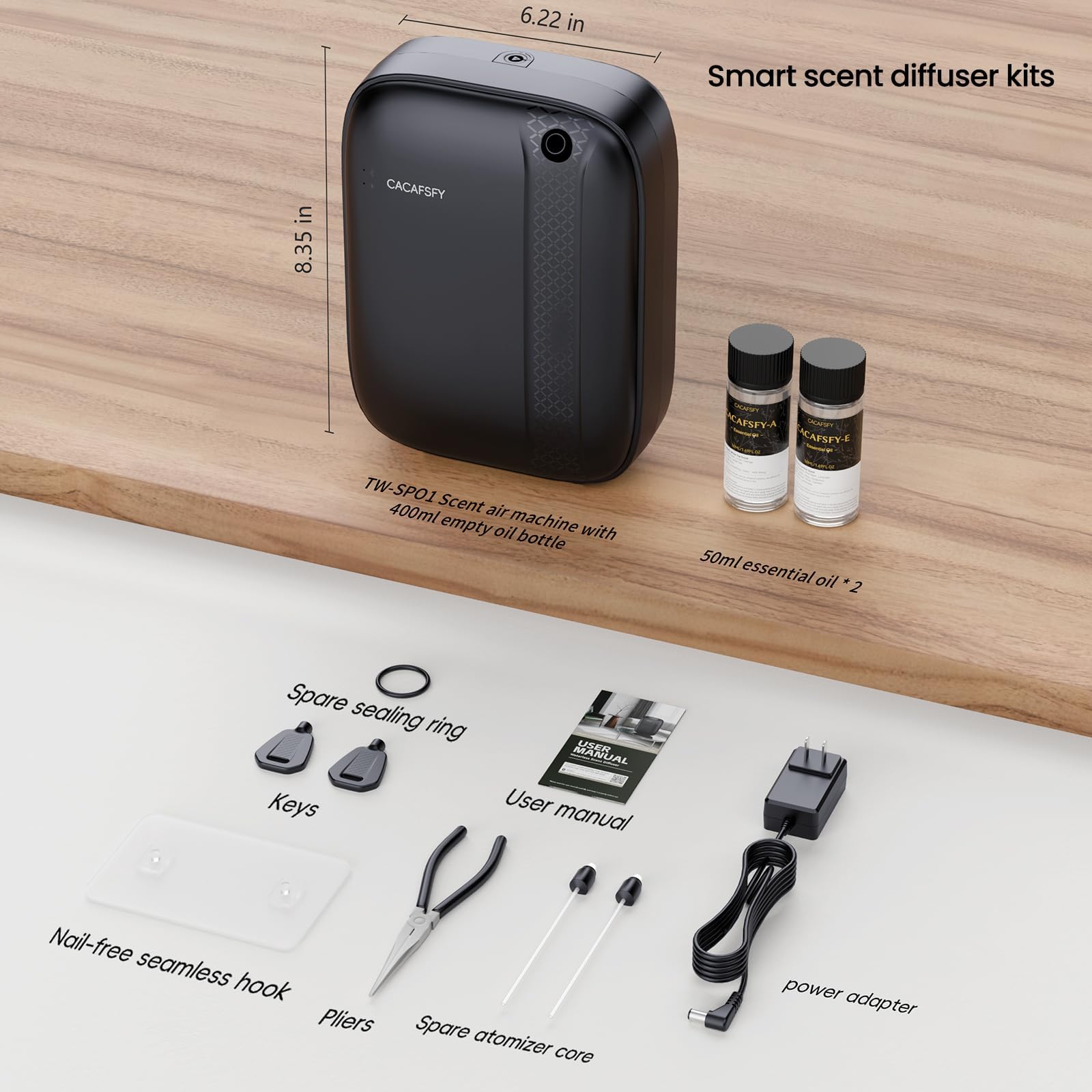 Bezwodny dyfuzor olejków eterycznych, w zestawie dwa zapachy 50 ml, zasięg 2000 m2, pojemność 400 ml, hotelowy dyfuzor zapachowy, technologia zimnego powietrza, kontrola aplikacji i przycisków