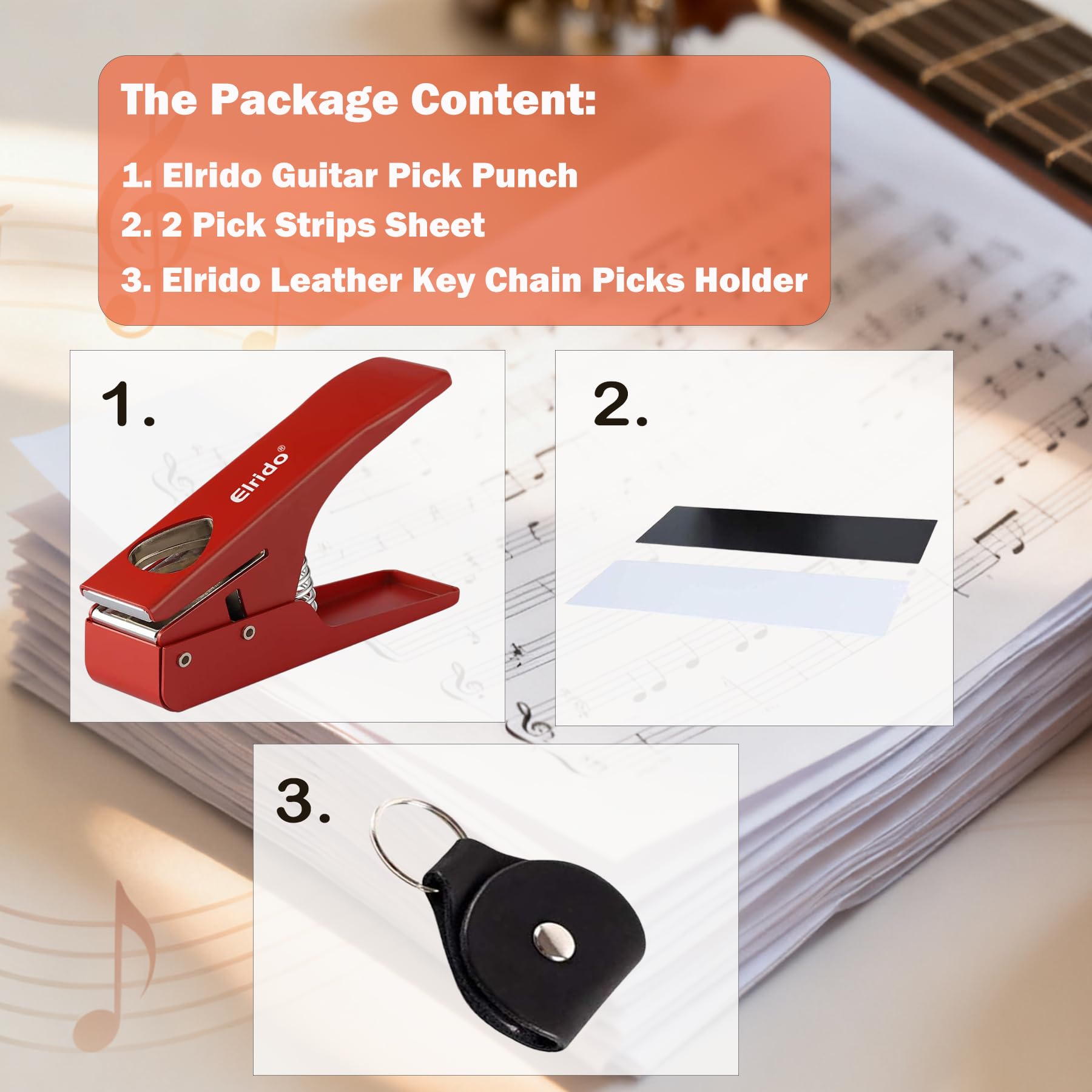 Elrido Púas de guitarra para hacer tus infinitas púas de guitarra, con 2 tiras de púas y soporte de púas de cuero, kit de herramientas perforadoras para guitarra, cortador de púas de guitarra (rojo)