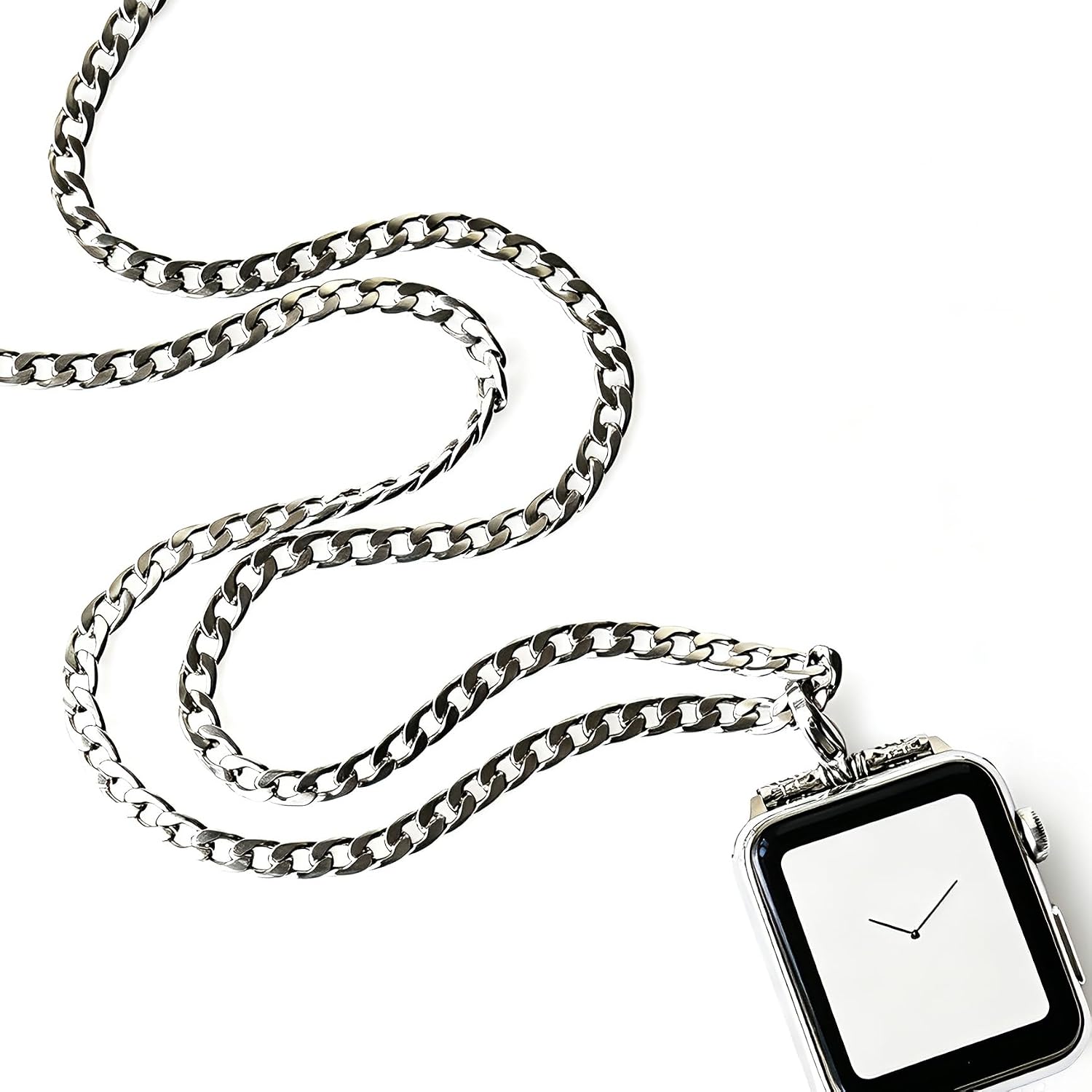 Stainless Steel Chain Necklace Smartwatch Band 42mm Series 3 2 1/44/45/46mm Series 10 9 8 7 6 5 4 New Polished Silver Metal Curb Cuban Strap Rope Neckband Replacement Accessories image 2