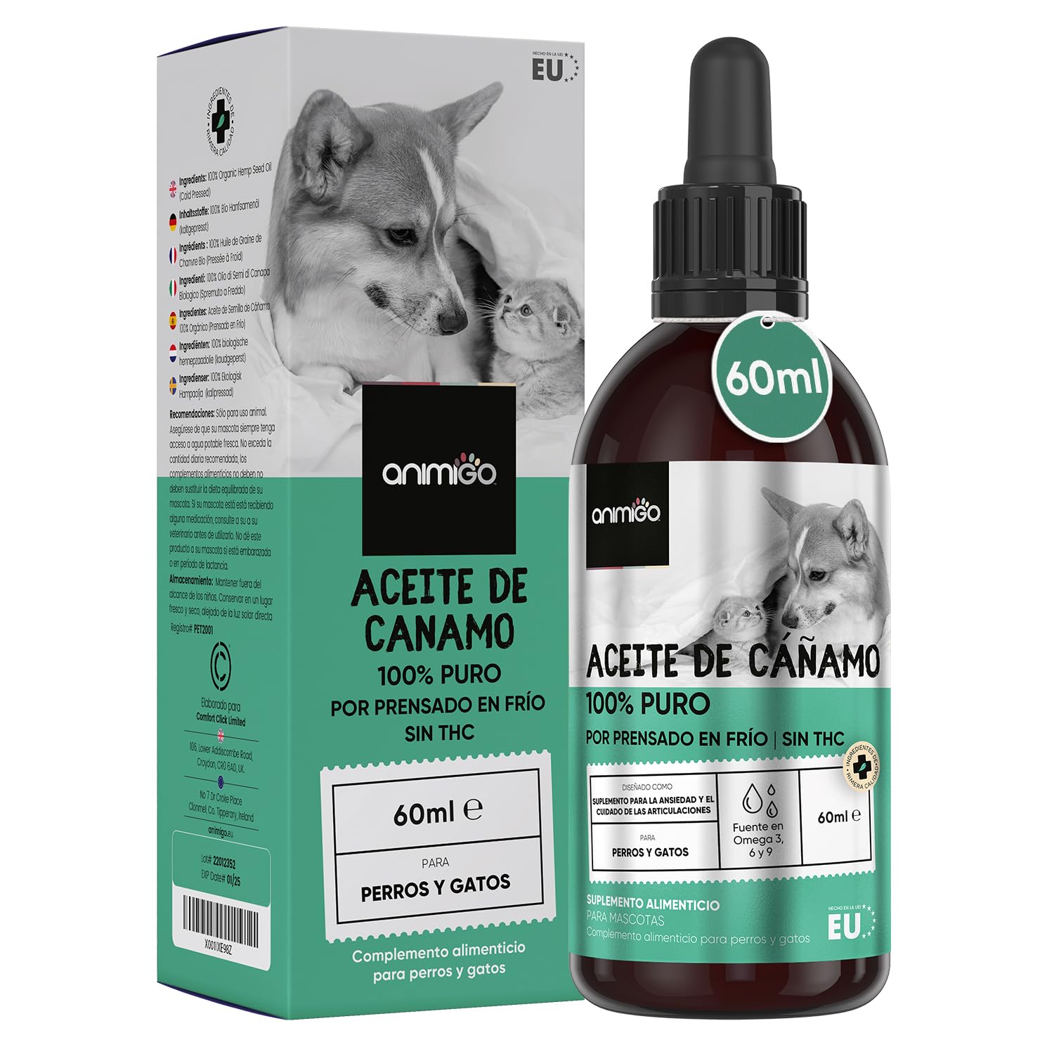 animigo Aceite de Cáñamo 100% Puro para Perros y Gatos 60ml - Calmante y Antiestrés, Fuente de Omega 3, 6 y 9, Mejora el Sueño y Cuida Sus Articulaciones, Piel y Pelo, Sin Sabor y Muy Fácil de Usar