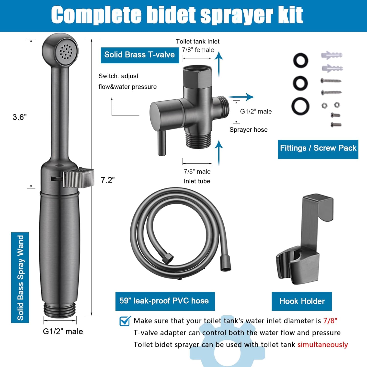 SonTiy Handheld Bidet Sprayer for Toilet, Cloth Diaper Sprayer Set Hand Held Bidet Jet Spray for Toilet with Backflow Preventer, Adjustable Water Pressure Control, Brass, Black Stainless