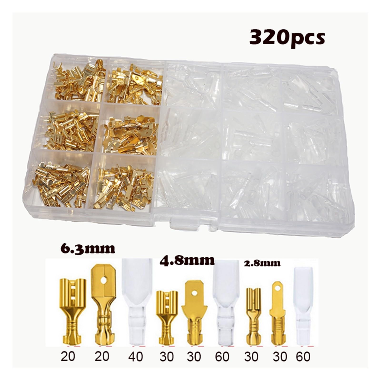 Kit surtido de terminales de crimpado eléctricos, macho y hembra, pala 2,8 4,8 6,3mm(320pcs Brass Set)