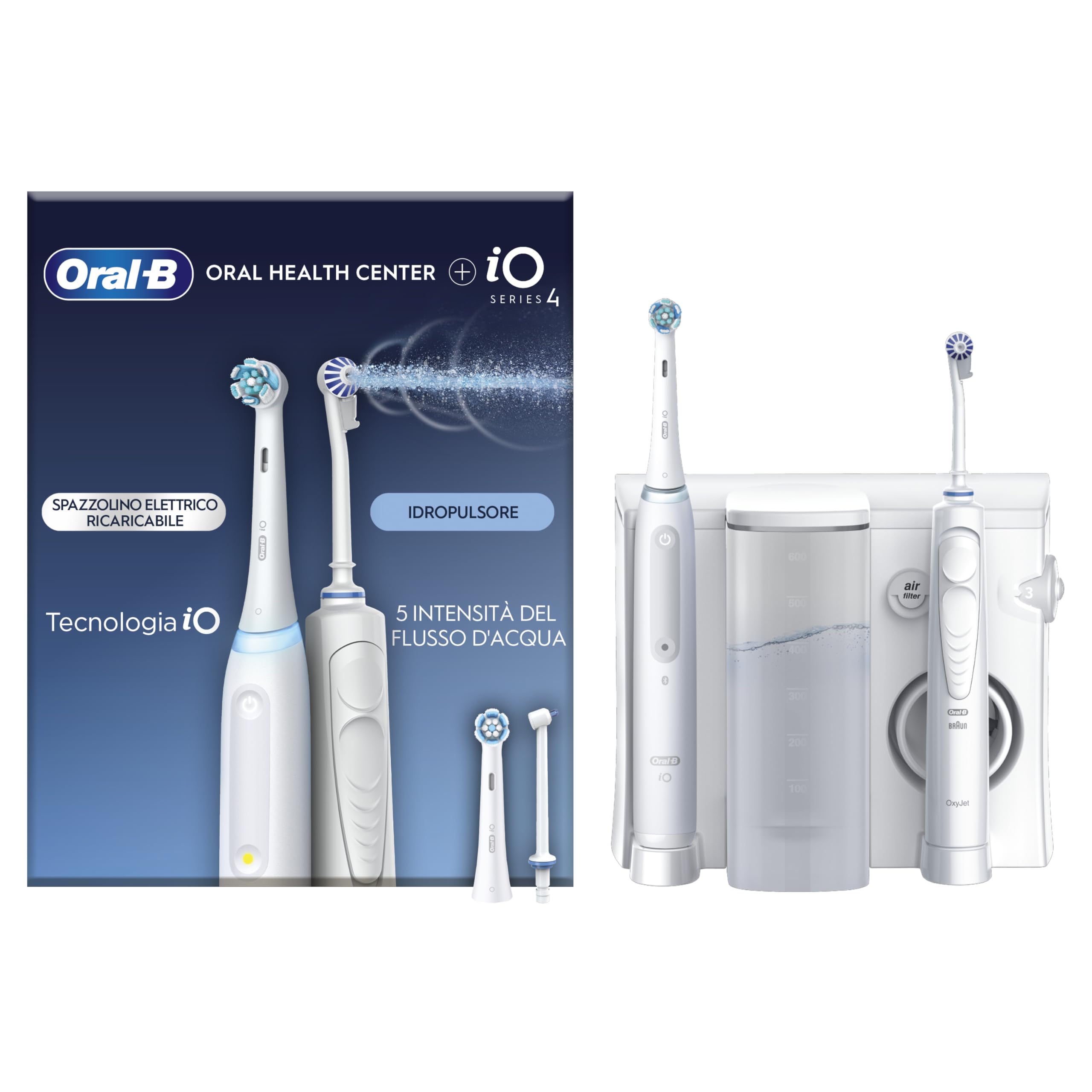 Oral-​B Idropulsore con 1 Beccuccio Oxyjet, 1 Beccuccio Con Getto D'acqua, 1 Spazzolino Elettrico IO4, 2 Testine Di Ricambio. 1 Idropulsore