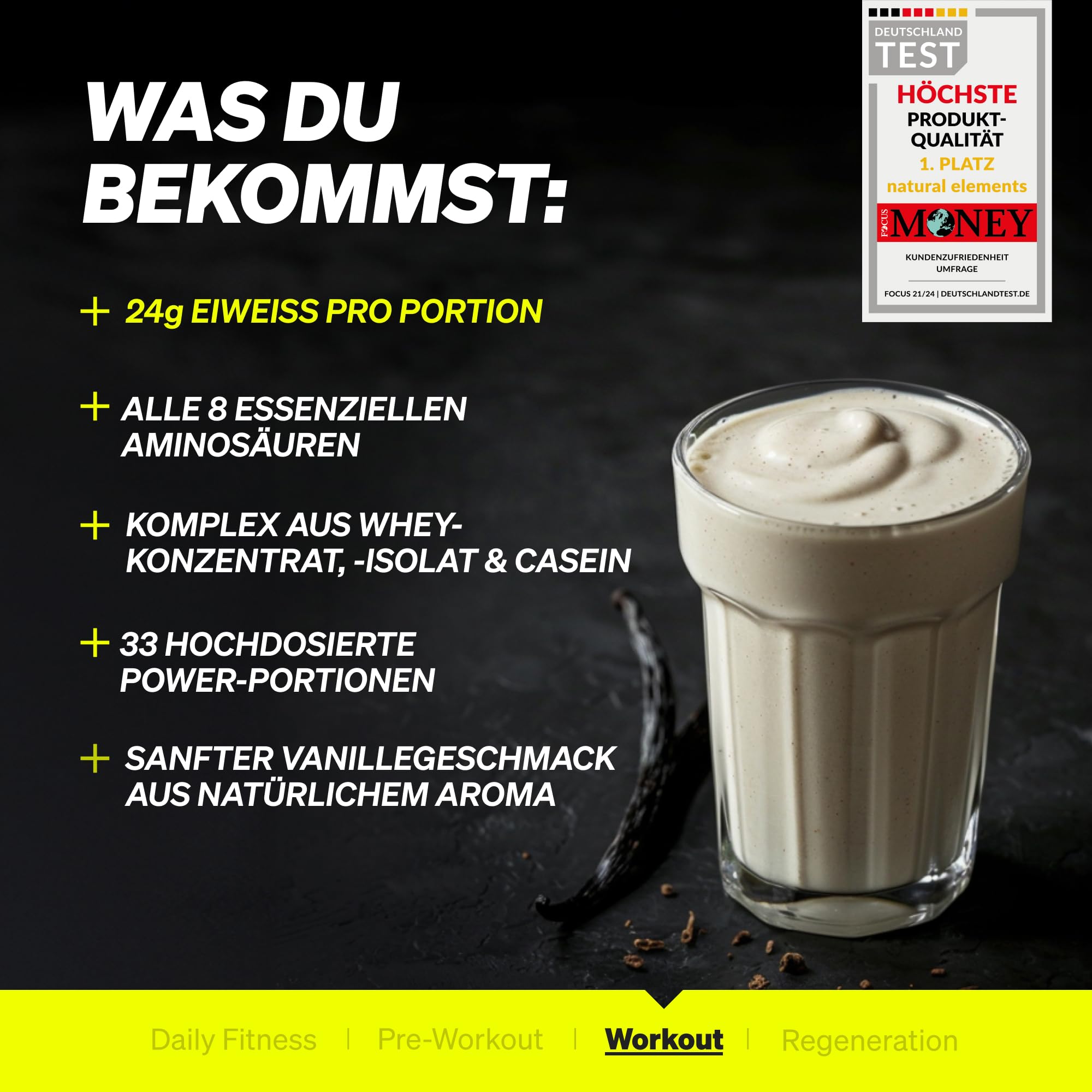 natural elements Whey Protein Pulver – Vanille – 1kg – 24g Protein pro Portion – nicht zu süß, nur natürliche Aromen – hochdosiert – in Deutschland produziert & laborgeprüft