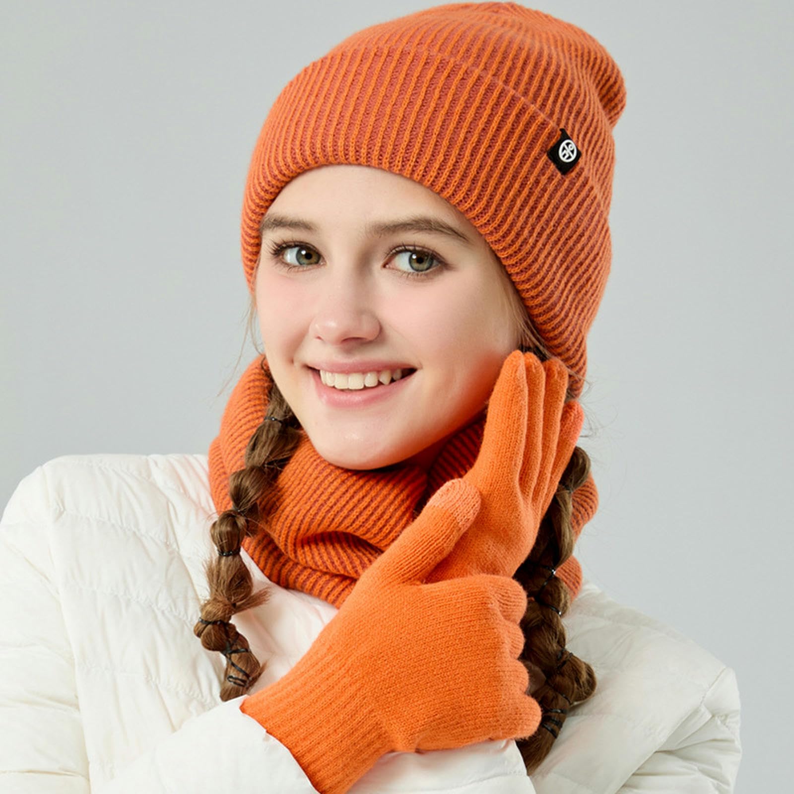 czapka szalik i rękawiczki zestaw damski zimowy męski i damski szalik beanie z ekranem dotykowym zestaw rękawiczek 3-częściowy zestaw dzianinowa czapka ciepłe rękawiczki długi szalik, Jasna