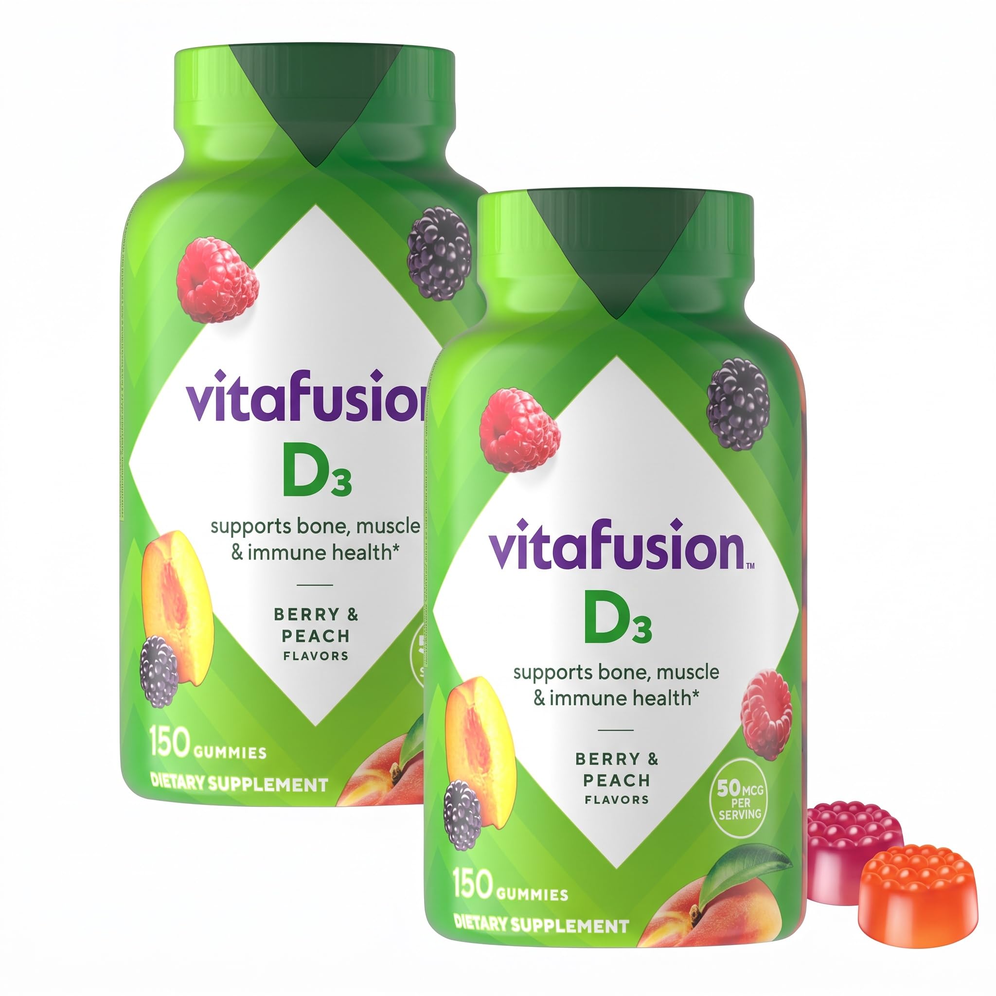 Vitafusion Vitamin D3 Gummies,Bone and Immune Support,Peach,BlackBerry,Strawberry Flavored,50 mcg D3 Gummy Vitamin Supplement,75 Day Supply,150 Count (Pack of 2