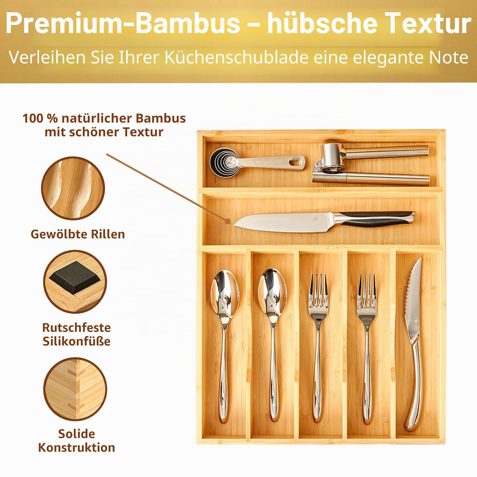 Umilife Bambus-Küchenschubladen-Organizer, 33 cm, Besteckkasten, extra tief, gerillte Schubladen-Trennwand, 7 Fächer, insgesamt Bambus-Holz-Caddy für Besteck, Messer, Gabeln, Löffel