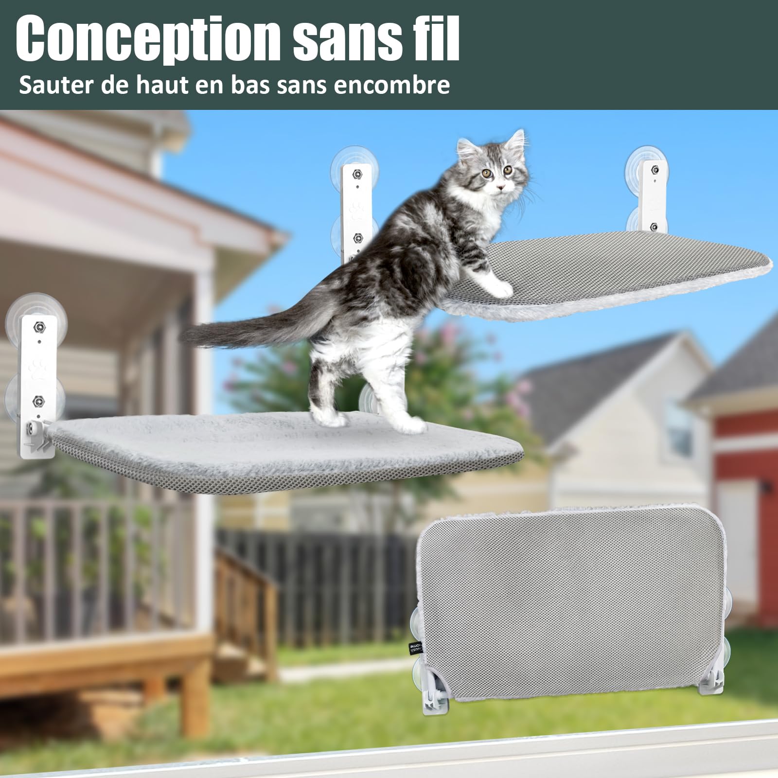 GUUSII HOME Hamac Chat Fenetre Lit Panier Suspendu Perchoir pour Chats et Petits Fenêtre Pliable Etagere Transat Tapis Réversible Robuste avec de Fortes Ventouses Supporte jusqu'à 25kg (Gris, M)