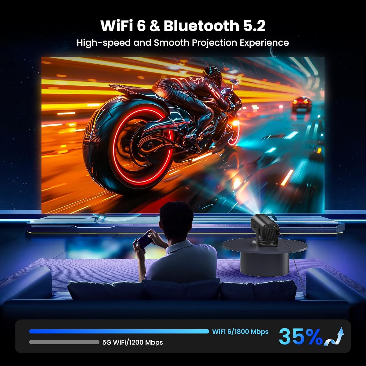 [Apps integrate & Modalità Stella] Mini Proiettore Support 4K 1080P con Modalità Stella Proiettore con Apps e Android TV OS Auto Keystone WiFi 6 BT5.2, Compatible con TV Stick/USB/HDMI,Nero