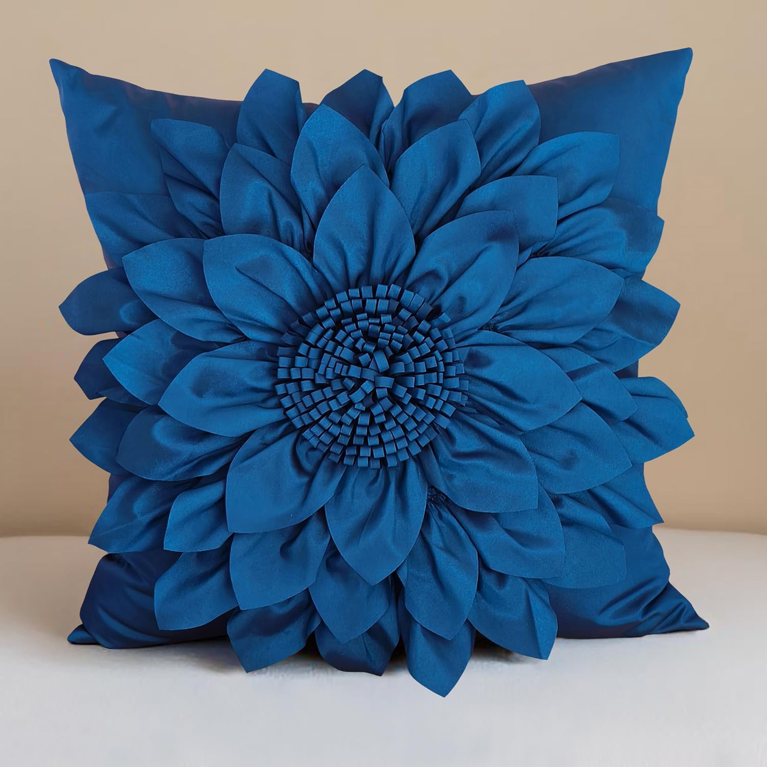 Bella's Giftshop Navy Blue Decorative Throw Pillow Covers 18x18 Inch for Bed Sofa Couch, Handmade 3D Accent Sunflower Floral Pillowcase, Living Room Decor