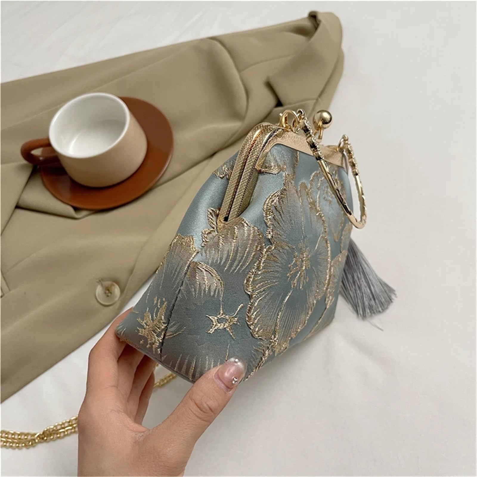 Bestickte Abendtasche Retro-Handtasche gepaart mit Qipao Hanfu-Tasche, elegantem Temperament, Kettentasche, diagonaler Cross-Tasche, Clip-on-Tasche FüR Hochzeit, Party(Pink)