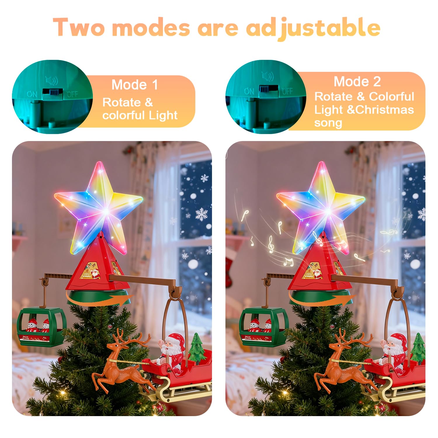 Decoración para árbol de Navidad iluminada, ciervo y trineo, luz giratoria y decoración superior del árbol de música, estrella iluminada para decoración de fiestas de Navidad