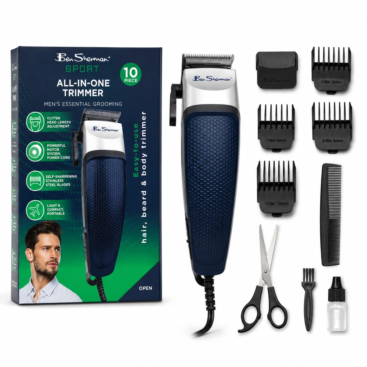 Photo 1 of Ben Sherman Sport All-in-One Trimmer for Men, 10 Piece Corded Beard Trimmer for Men, Hair Clippers for Men, Hair Trimmer for Men, Body Groomer for Men with Stainless Steel Blades & Guide Combs