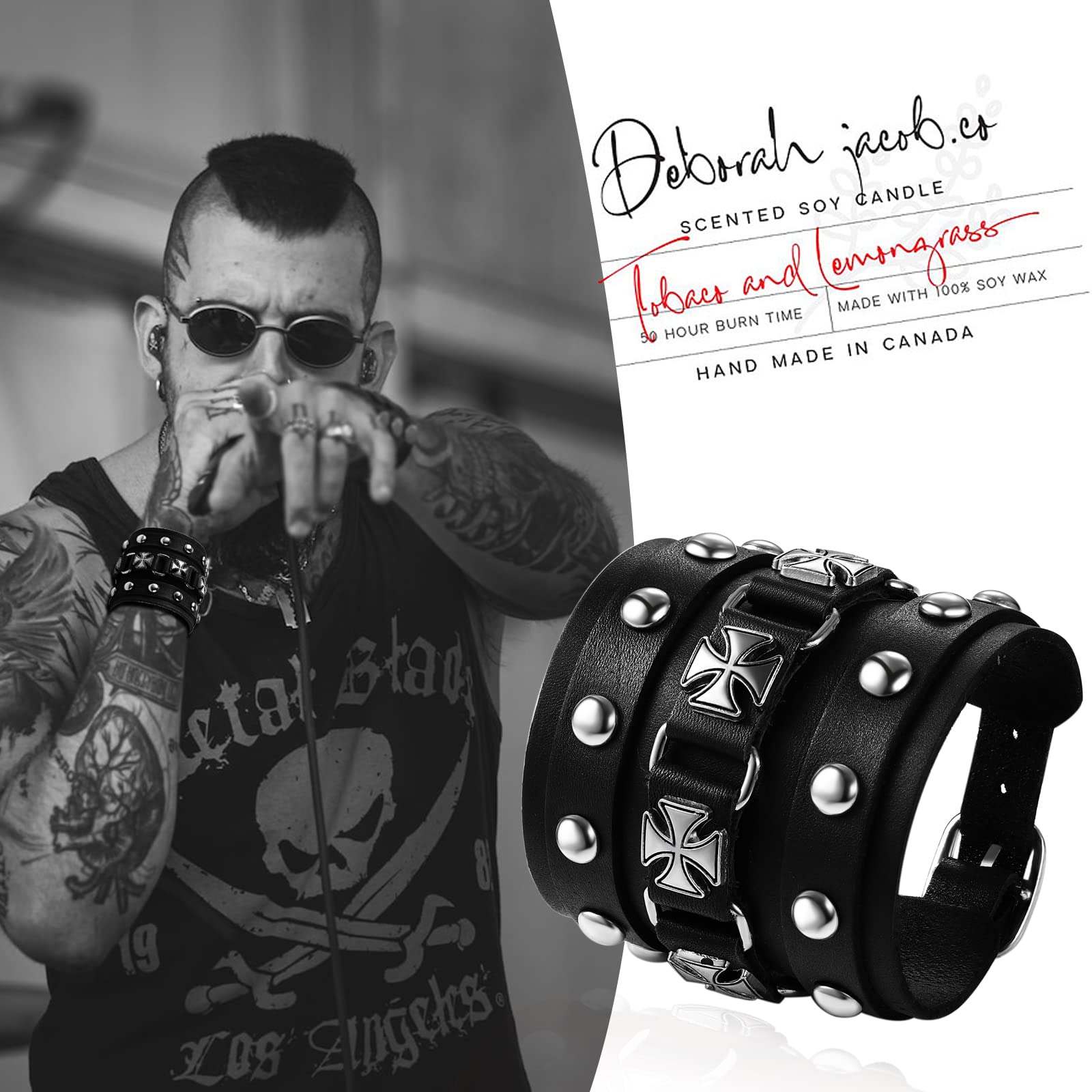 Flongo Bracciale da uomo in pelle, bracciale da forza, stile gotico, punk rock, bracciale a testa di morte da uomo con rivetto e bottone, bracciale da motociclista grande, regalo per uomo