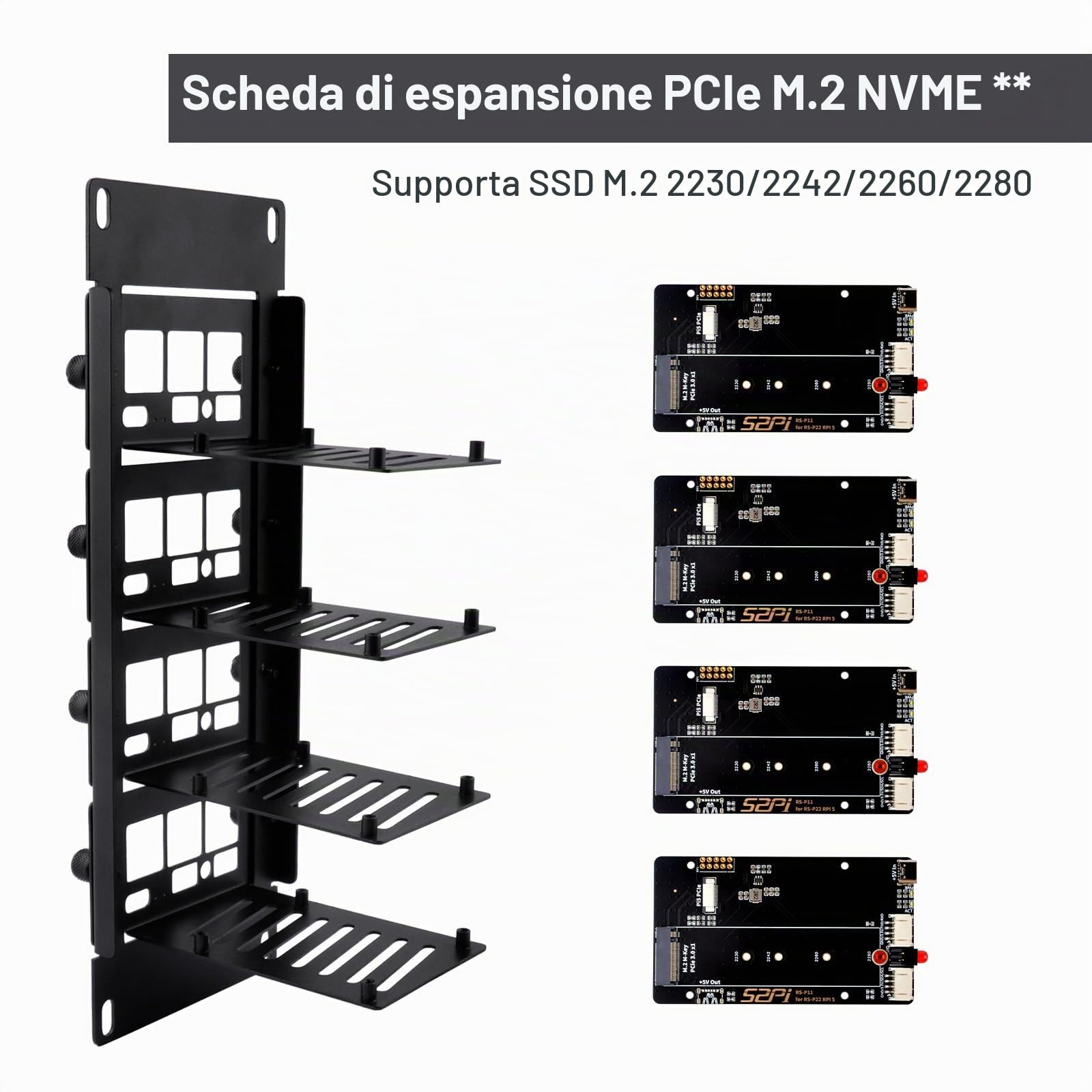 GeeekPi 10 pollici 2U Rackmount for Raspberry Pi 5, with 4PCS PCIe to M.2 NVMe SSD Adapters, Holds up to 4 Raspberry Pi 5 Boards, Compatible with DeskPi RackMate T1/T0/T2/10 inch Server Rack