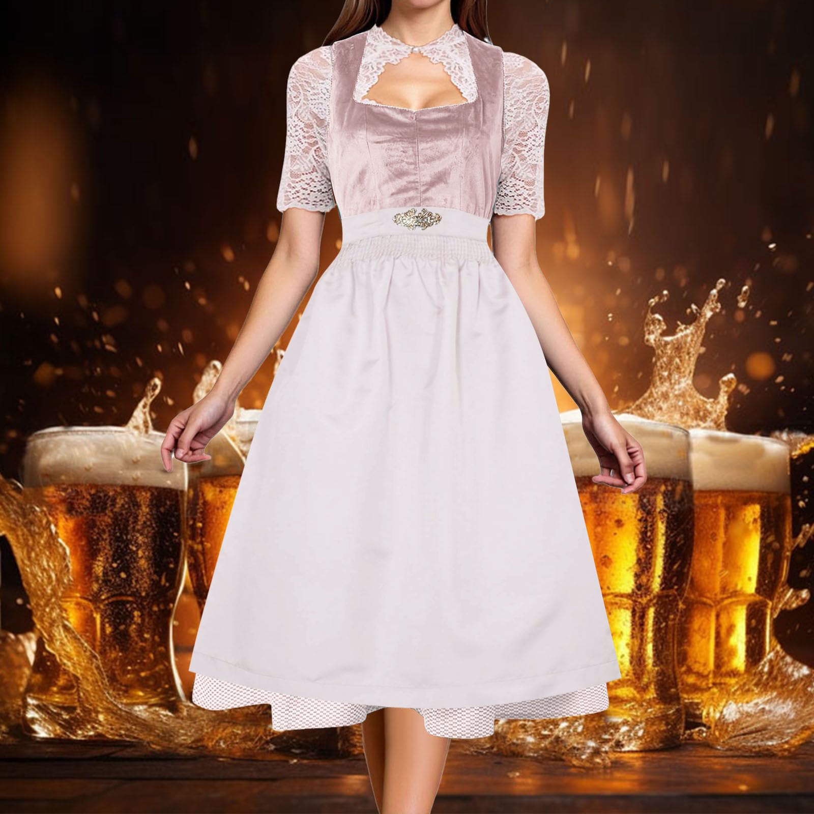 Generisch Damen Midi Dirndl Trachtenkleid 2 Teilig 3 Teilig Komplettset mit Spitze Dirndlbluse Dirndlschürze klassisch elegant bequem Baumwolle für Oktoberfest Karneval Festlichkeiten Größe 34 bis 54