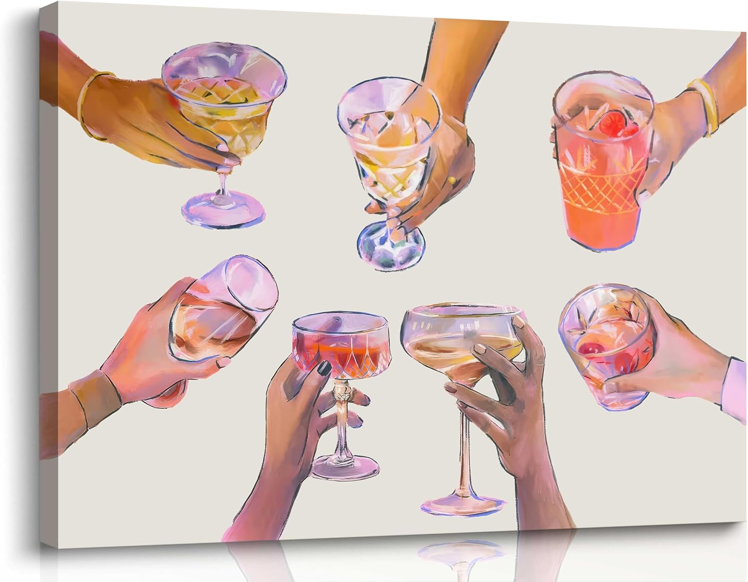 Funky Bar Cart Canvas Wall Art Vintage Pink Cocktail Cheers Painting Champagne Liquor Wall Decor Trendy Preppy Martini Bar Cart Prints Happy Hour Alcohol Poster Picture for Bedroom Dining Framed