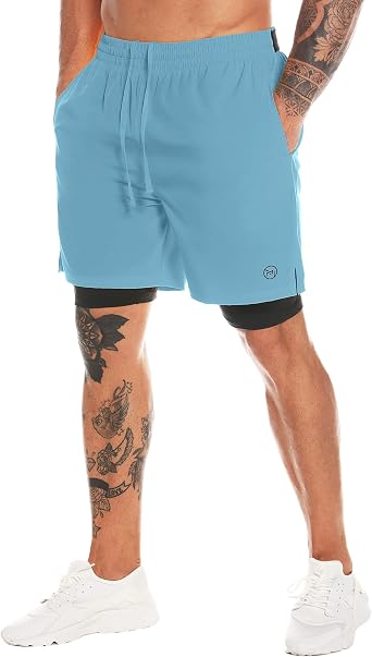 Mens 2 in 1 Workout Running Shorts 7" Quick Dry Athletic Shorts with Liner Gym Training Short for Men with Towel Loop