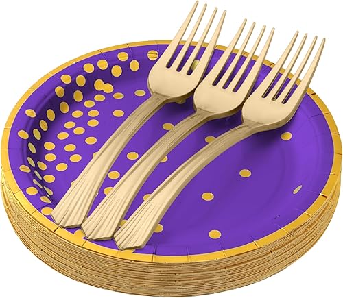 Platos y tenedores de papel de cumpleaños, color morado, 25 platos de postre de papel de 7 pulgadas y 25 tenedores de plástico de 6.3 pulgadas,