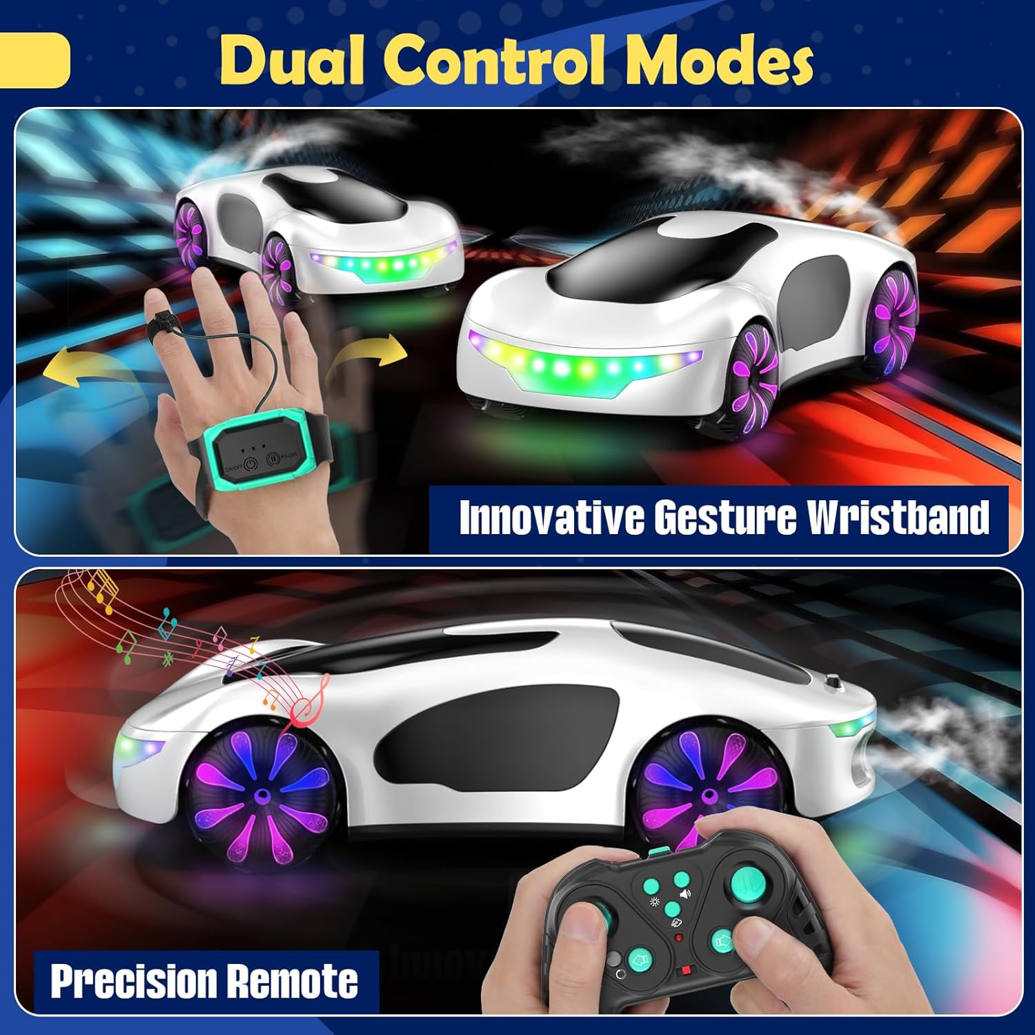 HuiJuKeJi Gesture Sensing RC Stunt Car with USB Charging Dock, 360° Rotate Drift Car, 2.4GHz Dual Remote Control, Cool Spray Mist & LED Lights, Birthday Gift for Kids Boys Girls Age 6-12