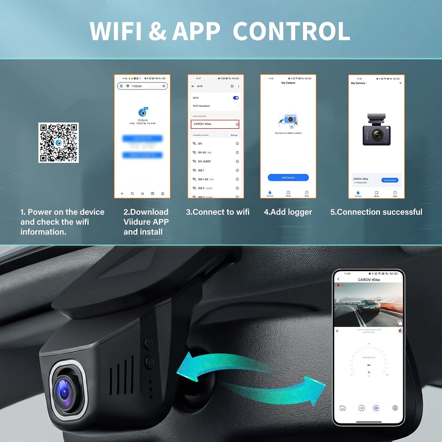 CAMECHO Dashcam 4K con telecamera posteriore per auto, 1080P, 30 fps, Wi-Fi, video con sensore G, registrazione in loop, accessori OEM