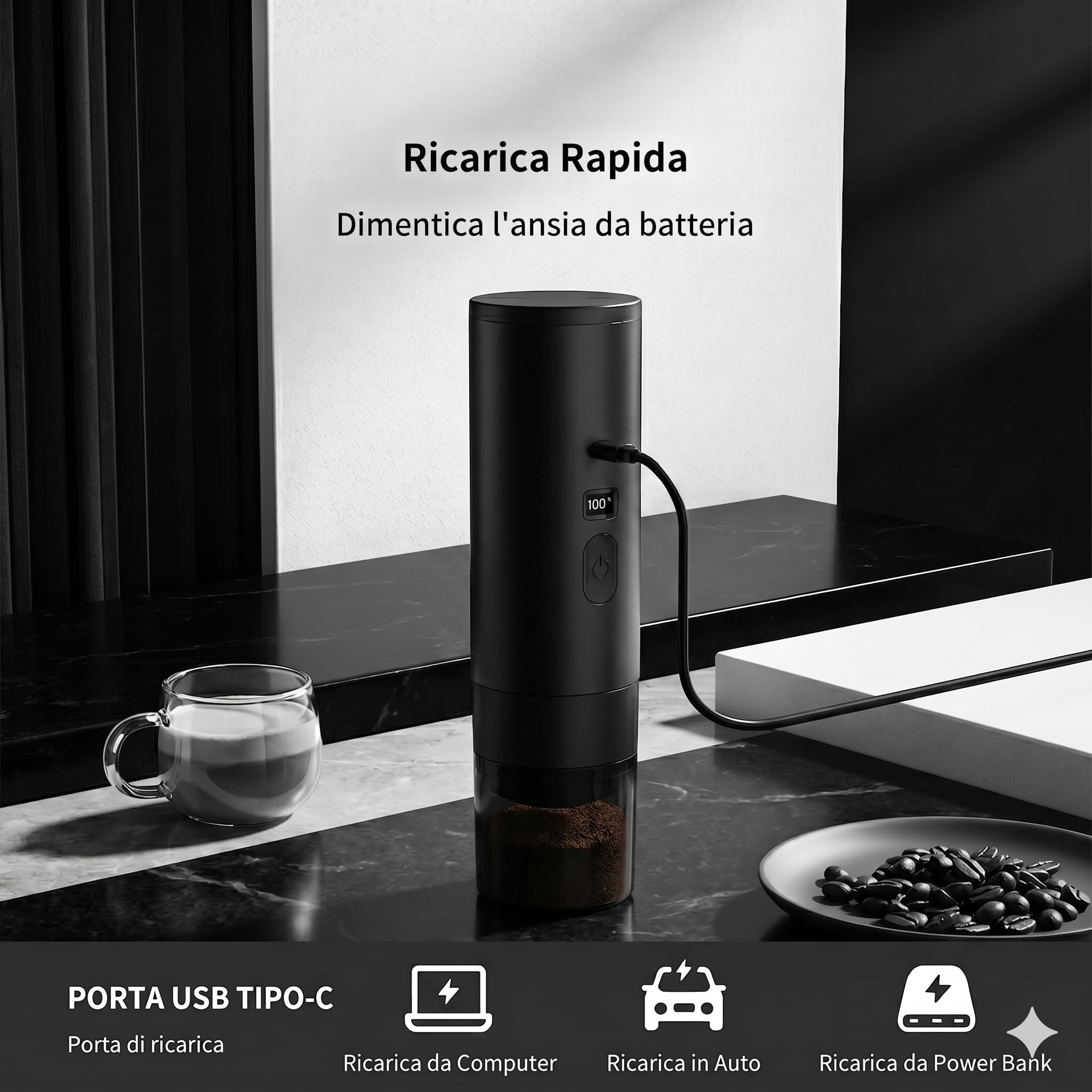 Macchina Caffè Espresso Portatile 3 in 1, Macchina da Caffè Italiana Automatica con Funzione Riscaldamento, Compatibile con Capsule Grandi, Piccole e Polvere, Batteria Ricaricabile USB (Nero)