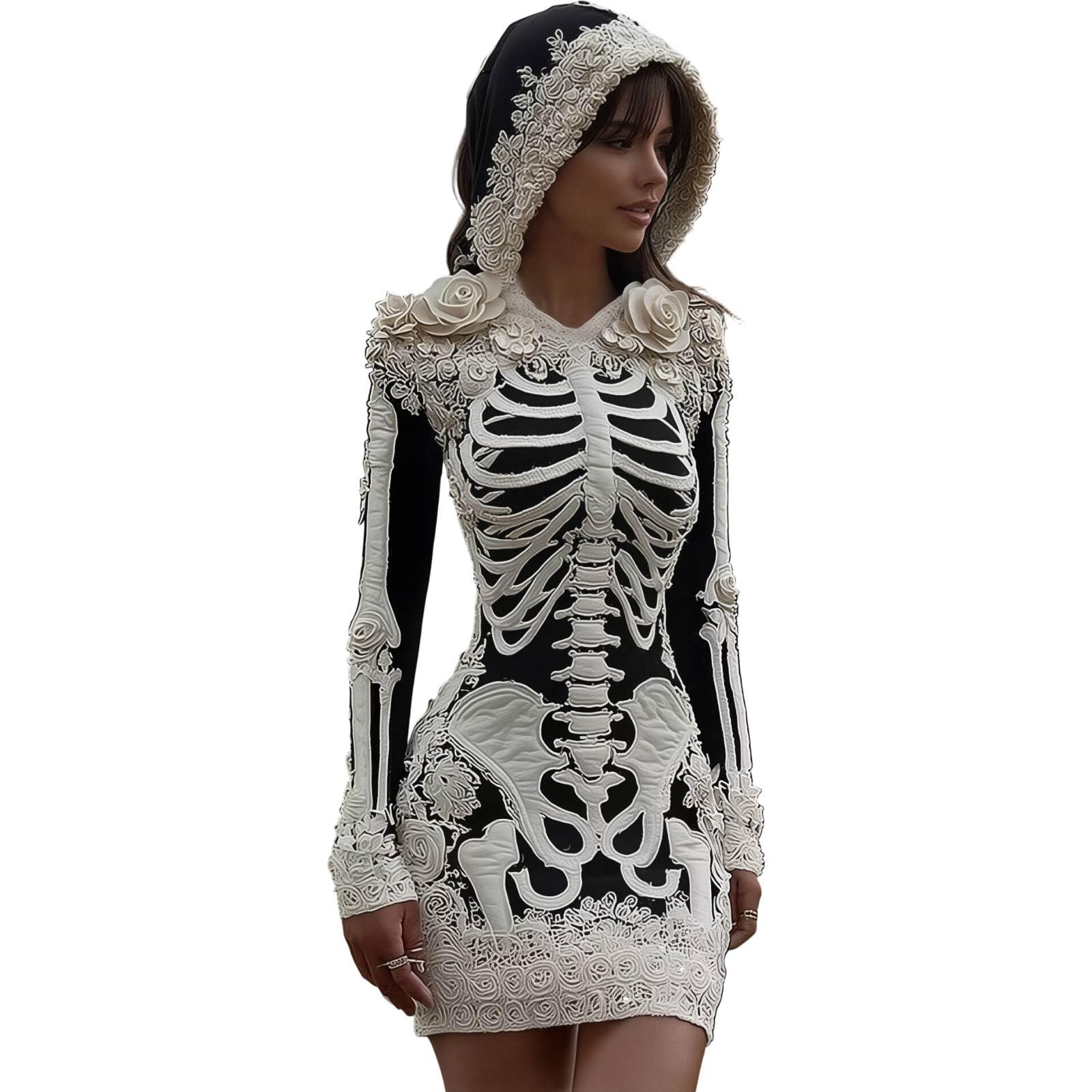 Halloween Dresses for Women UK Ladies Skeleton Print Maxi Dress Long Sleeve Halloween Costume Gothic Fancy Dress Costume Spooky Skeleton Printed A Line Long Gown Hooded Cape for Themed Party