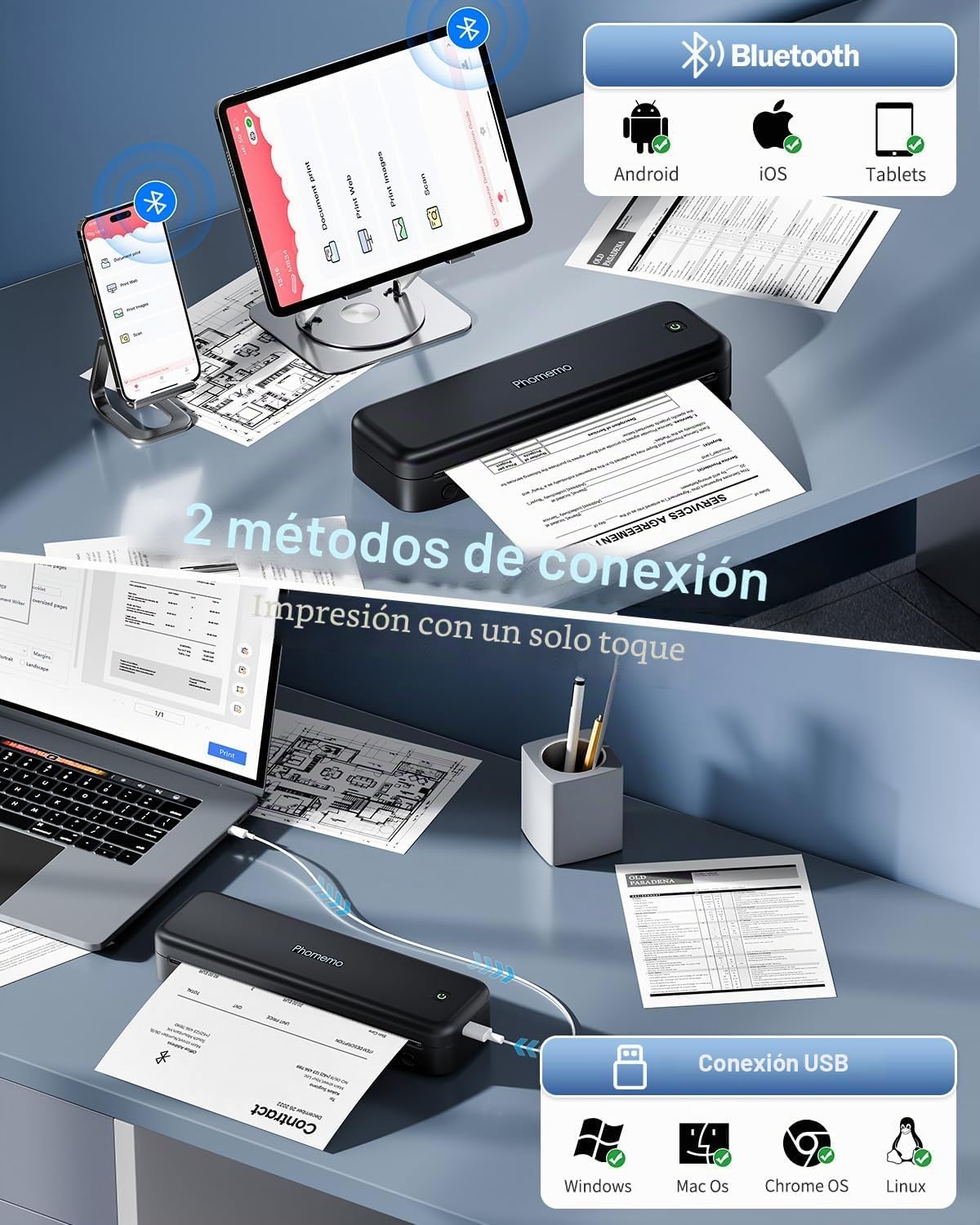 Phomemo M834 printer connected via Bluetooth to a smartphone and tablet