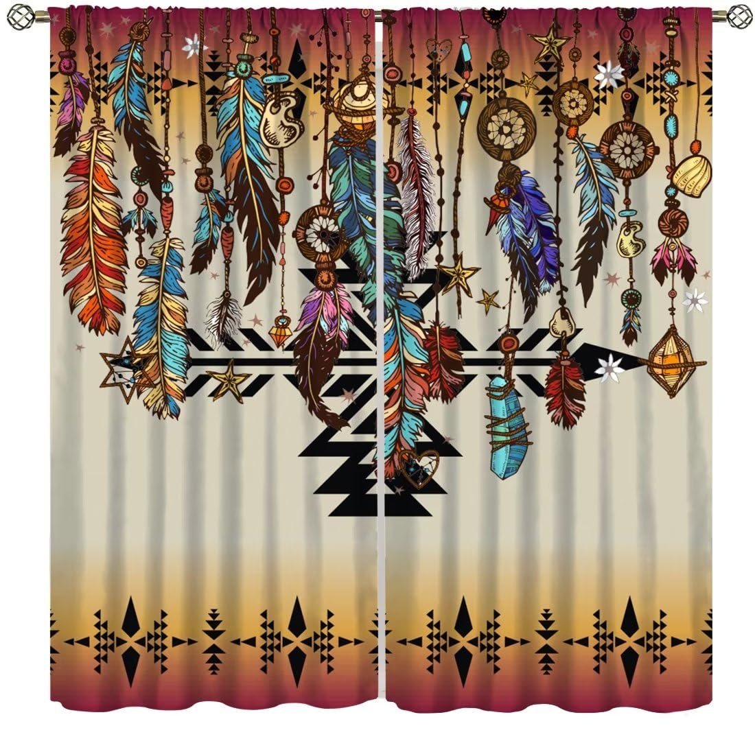 Aztec Curtains Southwestern Indigenous Tribes American Ethnic Patterns Western Boho Geometric Feather Patterns Printed Curtains Bedroom Living Room Decoration Blackout Curtains W42 * L45 Inches