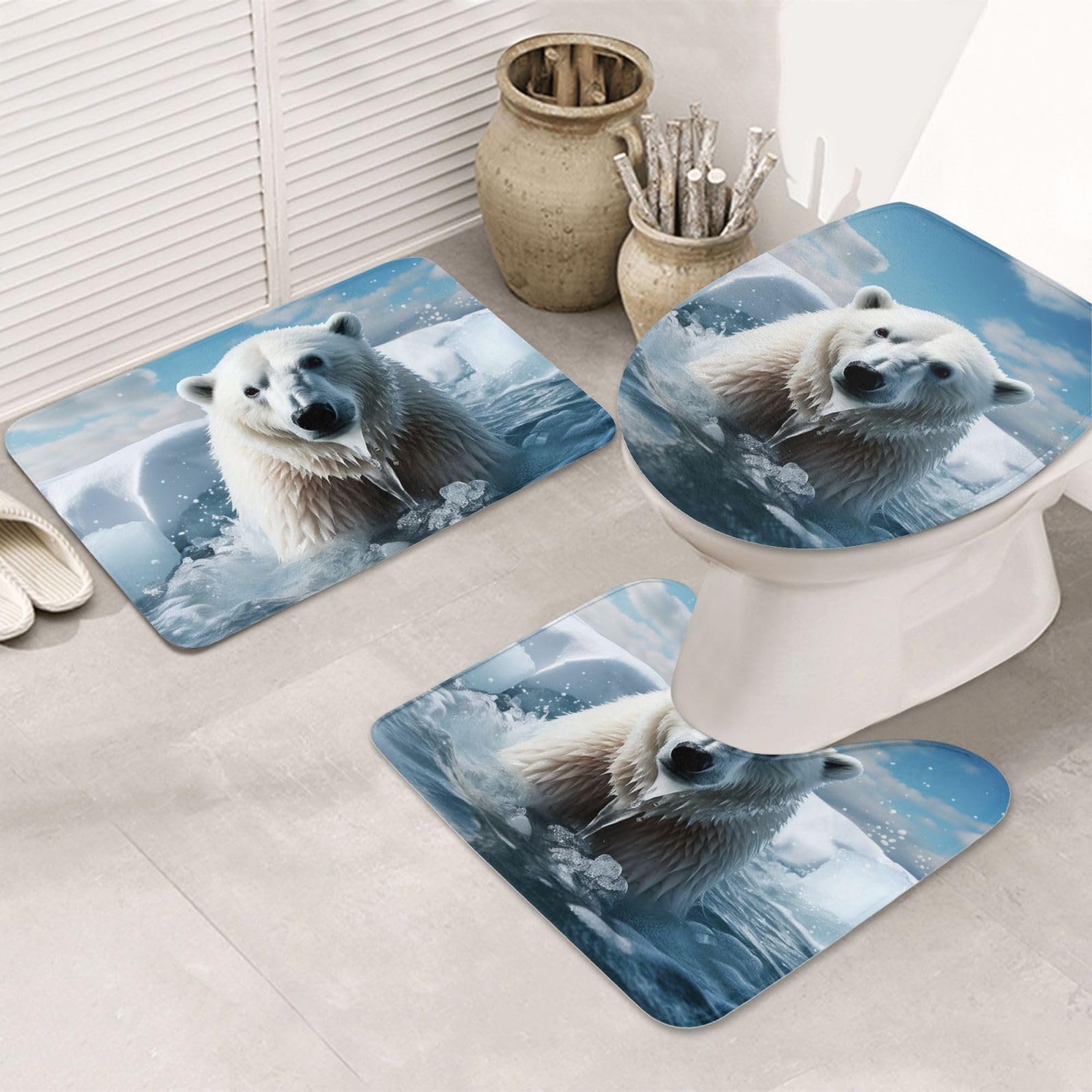 Tapis de bain antidérapant en microfibre douce avec contour de toilette ours blanc