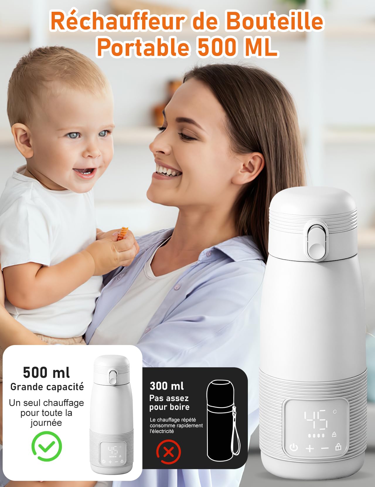 Chauffe-biberon Portable, 500ml Chauffe-biberon Bébé en Déplacement | Contrôle Précis de la Température 37 à 55 Degrés Réglable pour le Voyage Alimentation de Nuit