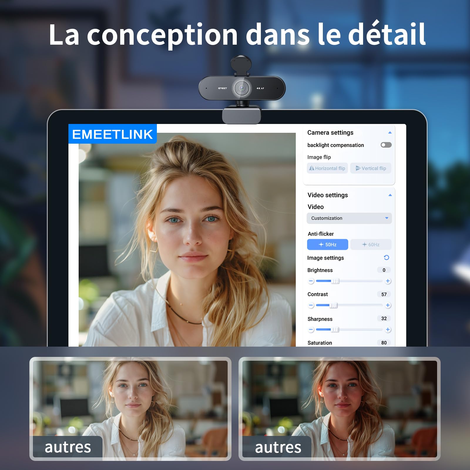 eMeet Nova 4K Webcam 4K Ultra HD avec 2 Microphones, Réduction de Bruit, Angle 73°, PDAF pour Mac/PC - Idéal pour Réunions Professionnelles - Webcam Streaming & Live