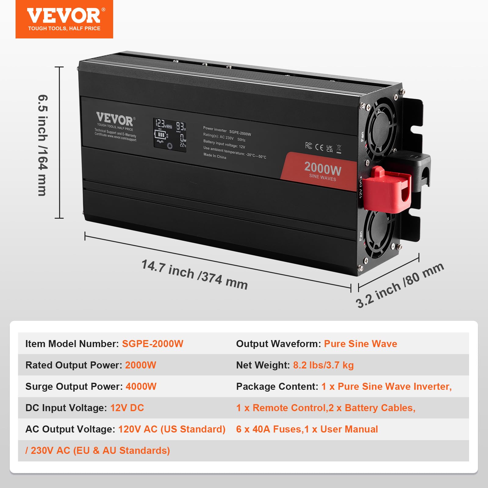 VEVOR Convertitore di Potenza a Onda Sinusoidale Pura, Convertitore di Potenza da 2000 W CC da 12 V a CA 230 V Display LCD e Telecomando per Apparecchiature Domestiche di Medie Dimensioni